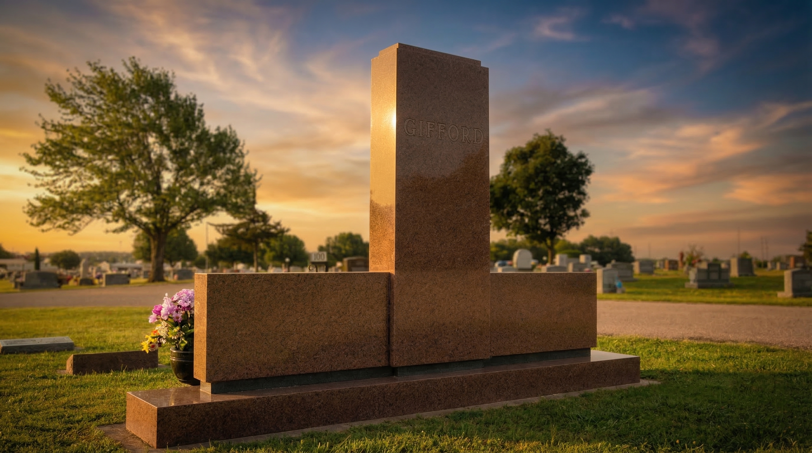 The Gifford family monument in Ada, Oklahoma — red granite upright with golden-hour lighting — honoring generations of monument craftsmanship since 1936