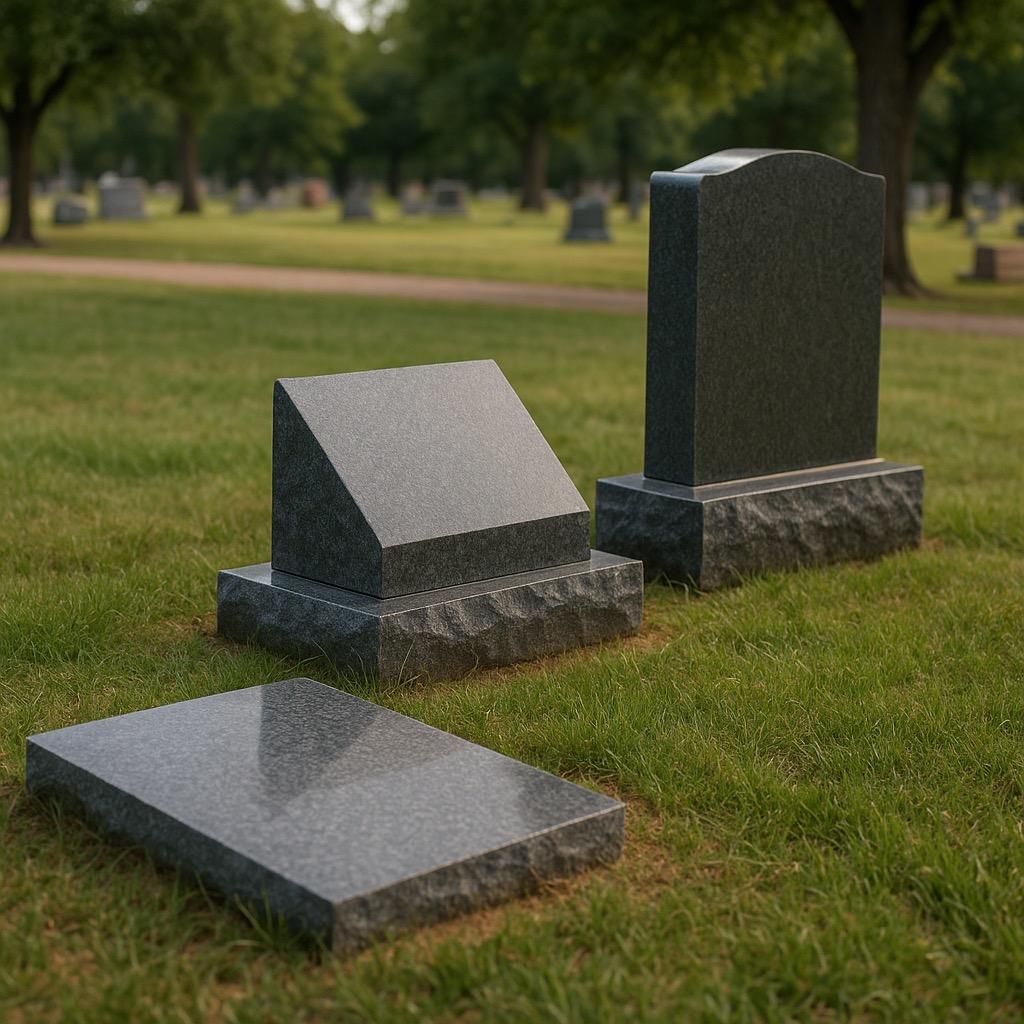 Comparison of three different monument styles in a cemetery: flat marker, slant marker, and upright headstone