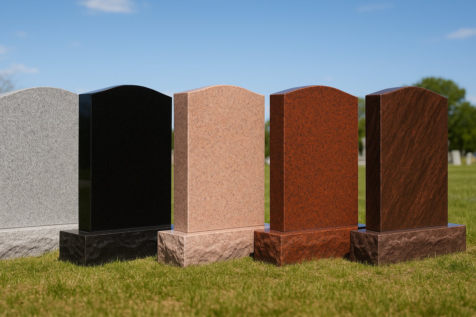 Different colored polished granite headstones displayed in natural sunlight showing grey, black, rose, red, and mahogany memorial stones