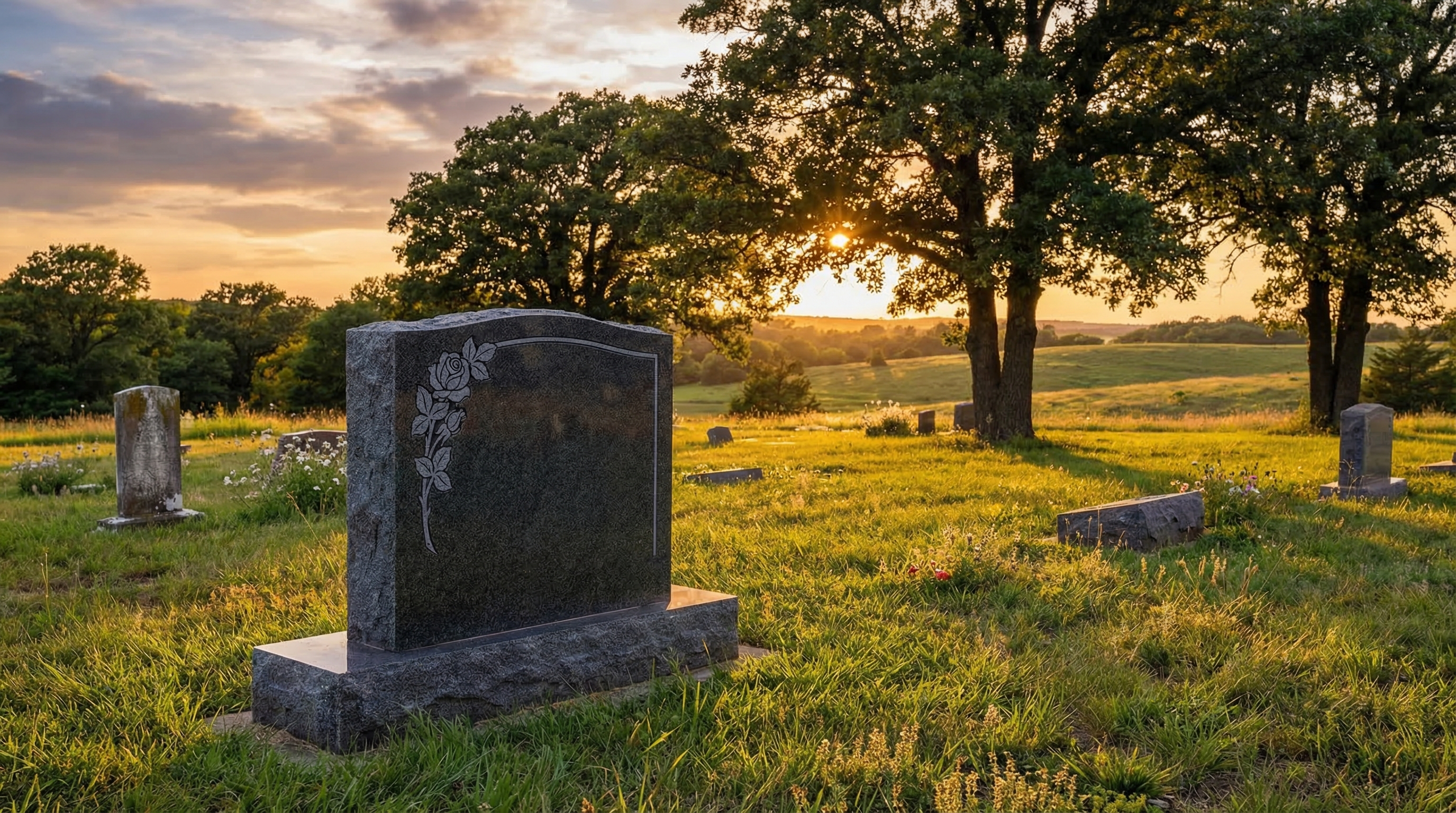 Polished granite upright headstone in a peaceful Oklahoma cemetery at golden hour