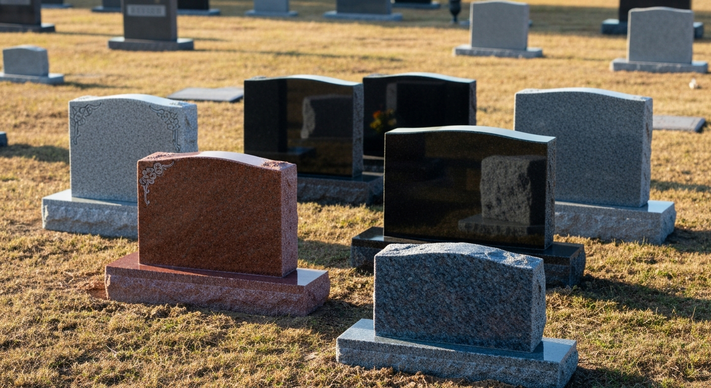 Various granite headstone colors including gray, black, red mahogany, and blue pearl displayed in Oklahoma cemetery setting