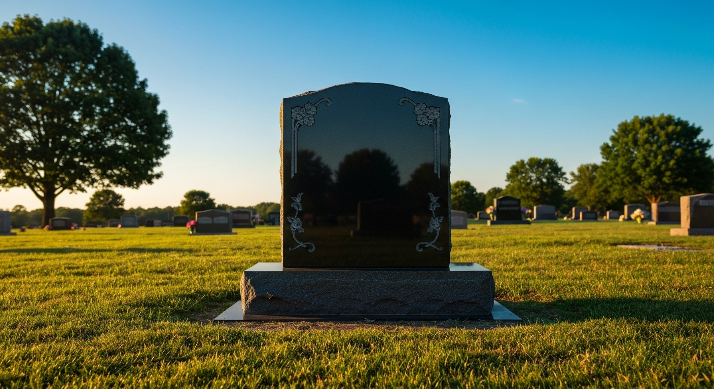 Close-up of polished black granite monument surface with deep-cut engraving at Gifford Monument Ada Oklahoma
