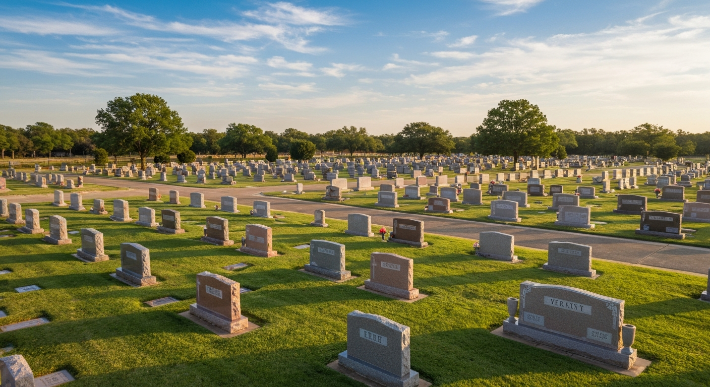 Monument installation crew setting a granite upright monument with concrete foundation in an Oklahoma cemetery