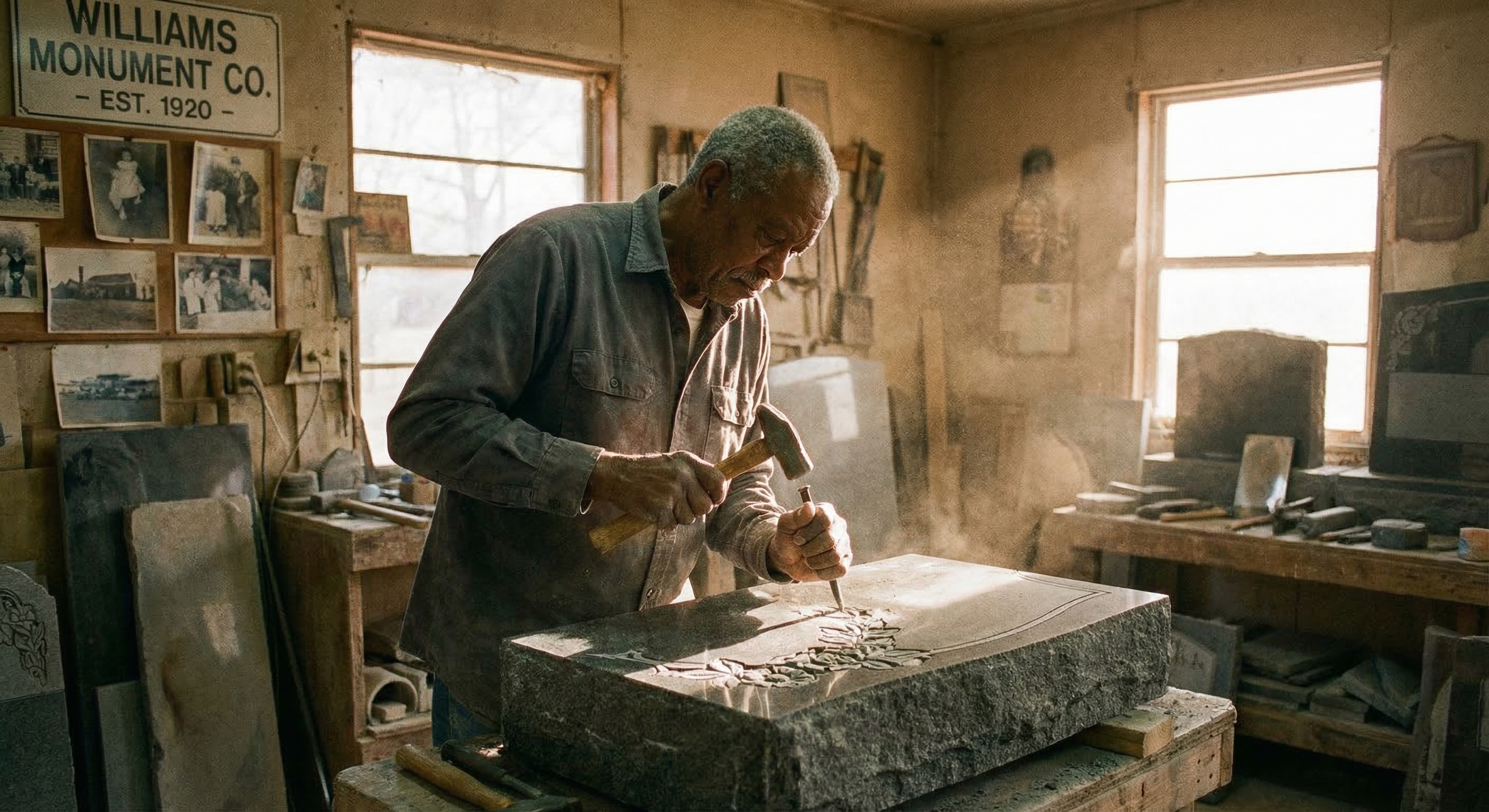 Master craftsman hand-carving a custom granite headstone in Ada, Oklahoma monument workshop