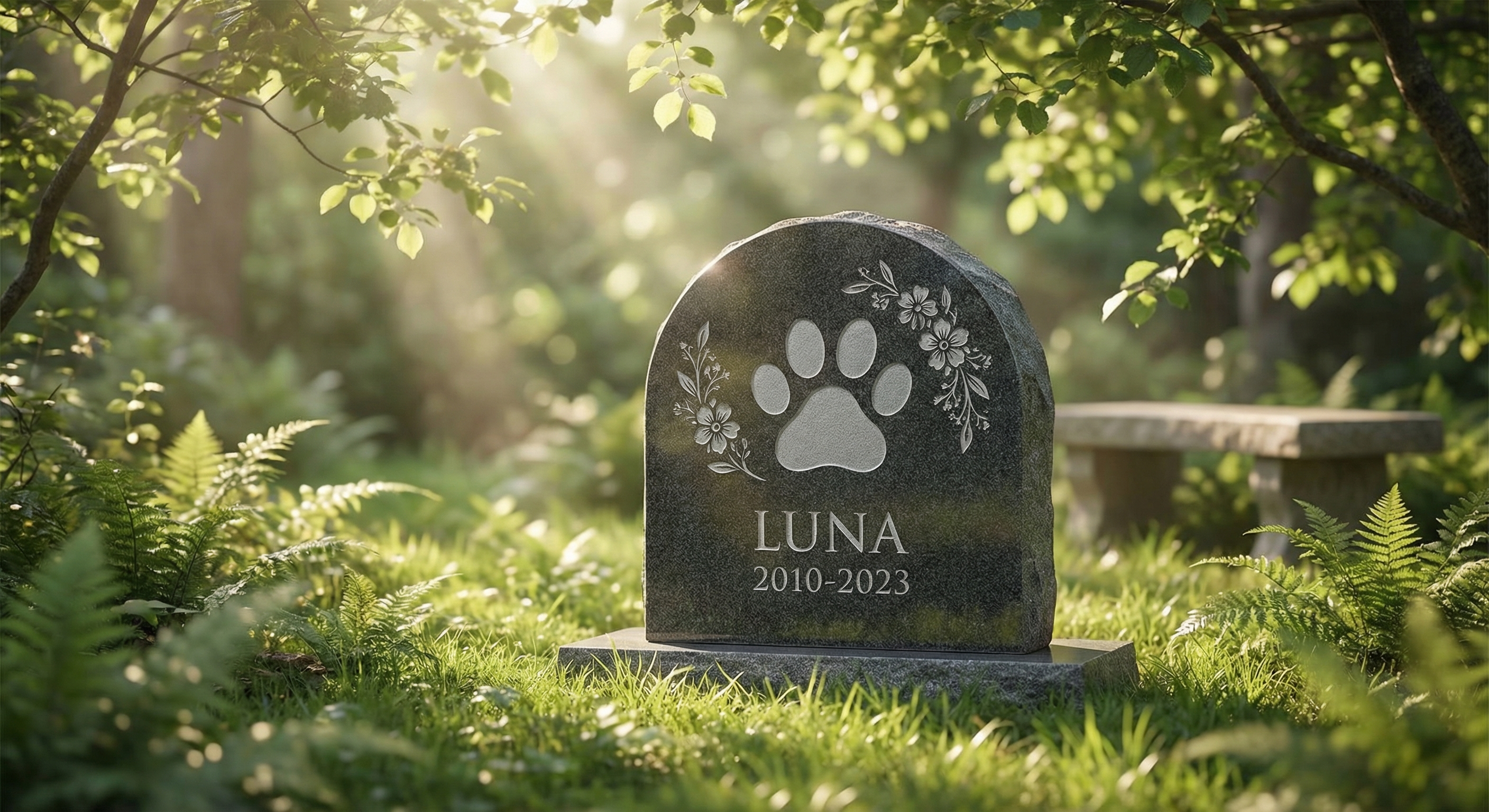 Custom granite pet memorial stone with paw print engraving in a peaceful garden setting — Gifford Monument Works Oklahoma