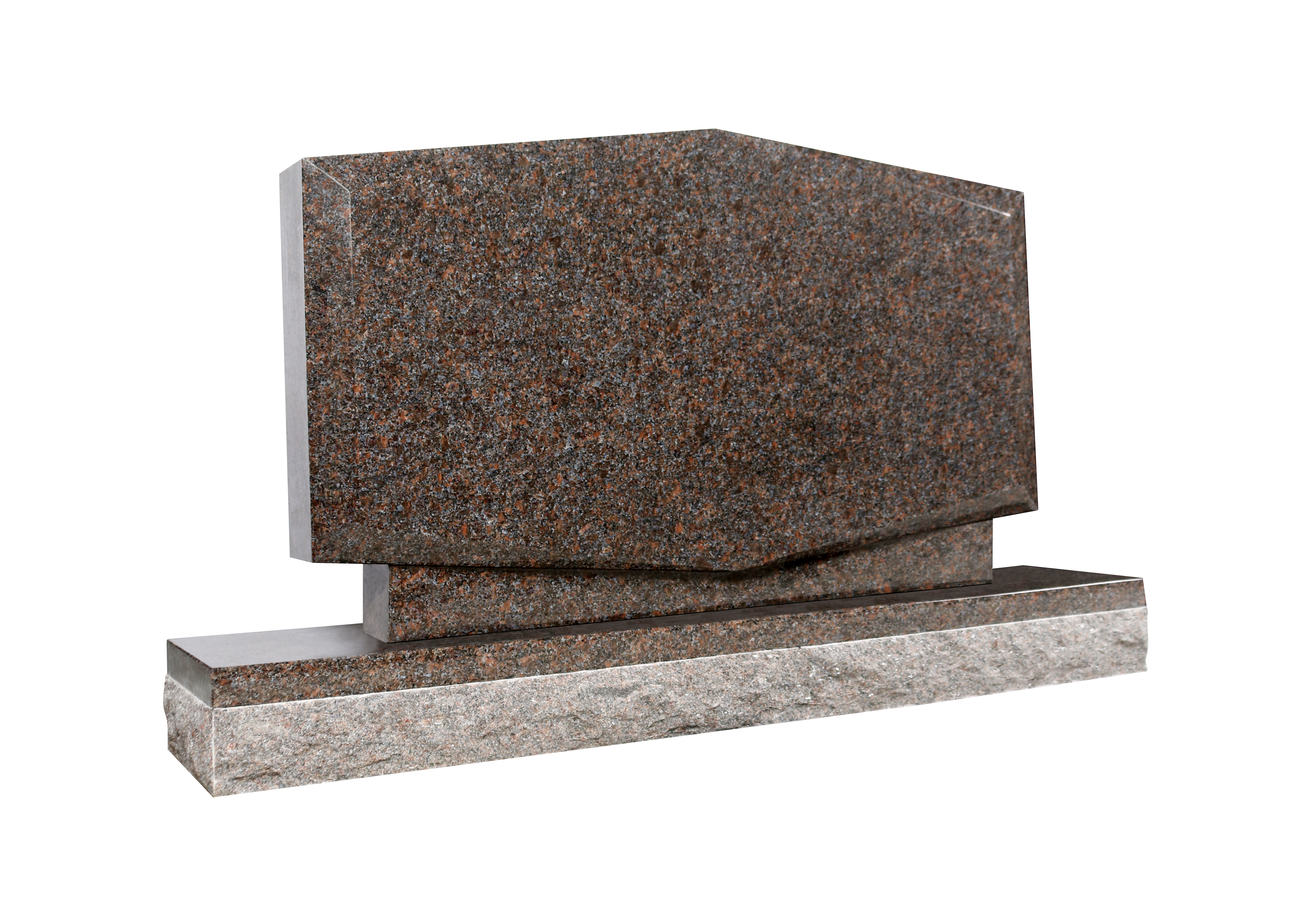 A modern abstract headstone made of polished brown granite with shimmering specks. The design features an asymmetrical cut in the center and rests on a lighter gray, rough-finished base.