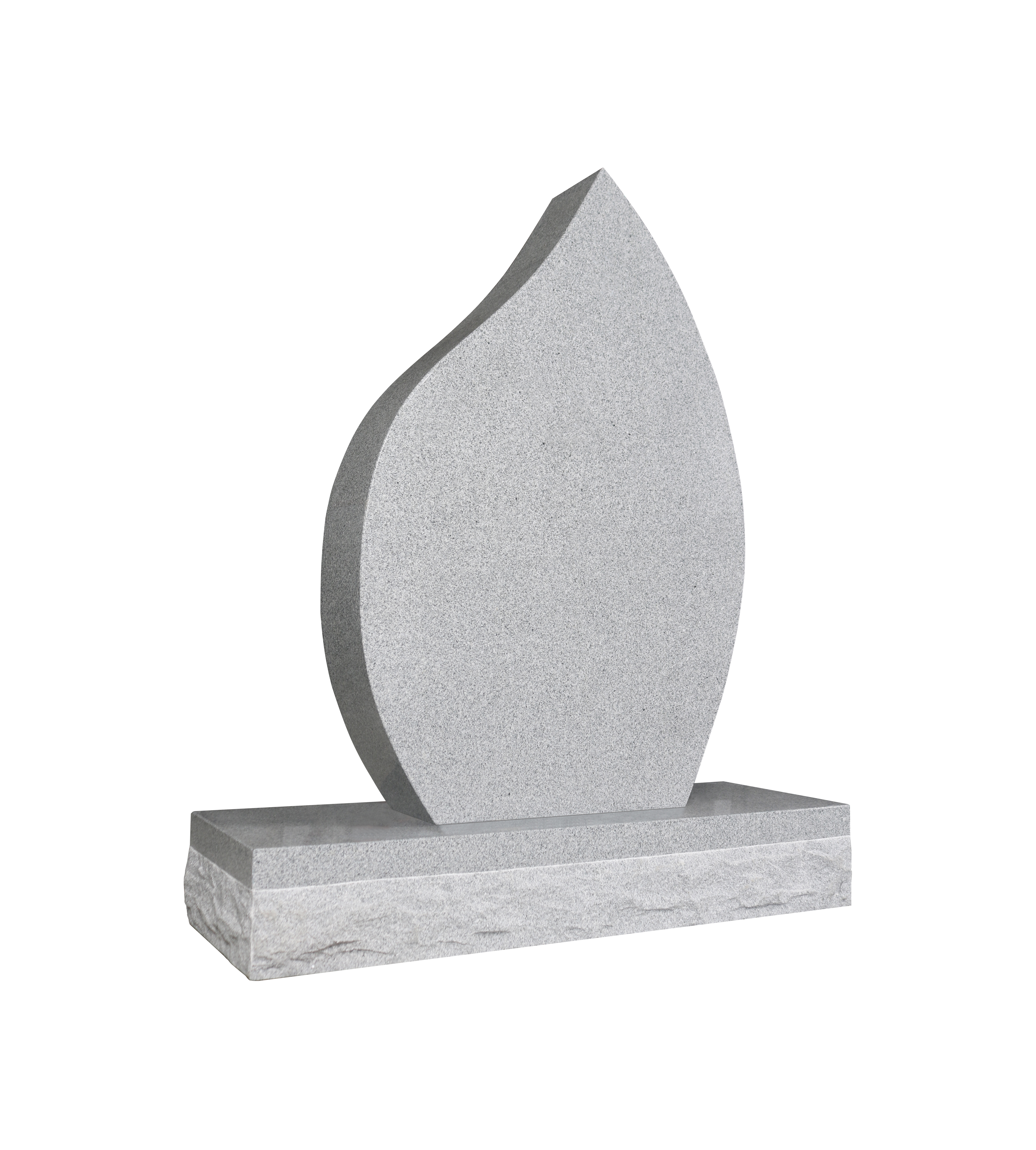 A modern granite memorial featuring a flame or teardrop-shaped upright tablet with a polished finish, resting on a wider, rock-faced granite base. The design is contemporary and sleek.