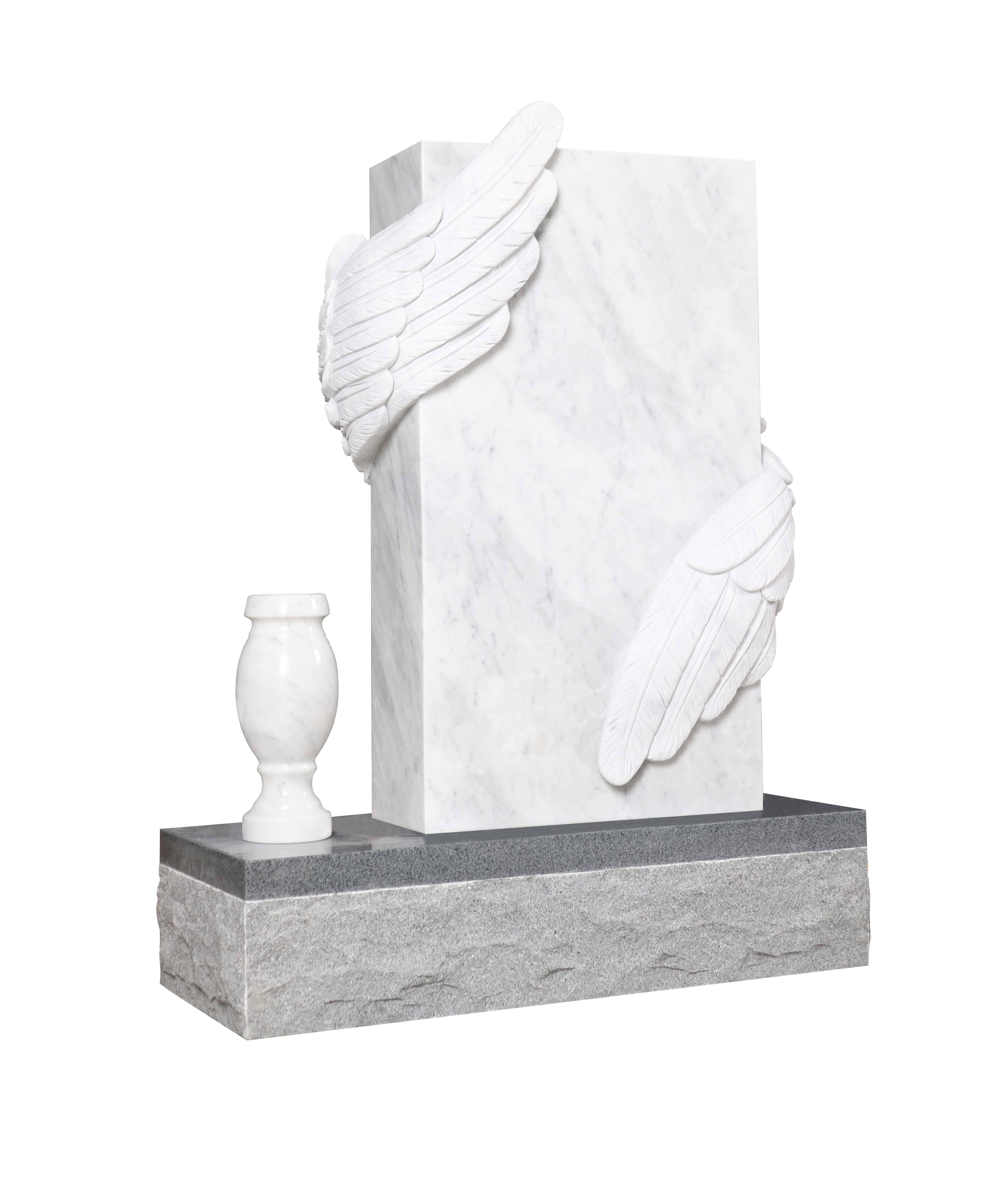 A majestic white marble upright monument with exquisitely carved angel wings wrapping around its sides, symbolizing protection and peace. A matching marble vase rests alongside the base, offering a place for floral tributes. This detailed artwork is perfect for a cherished memorial.