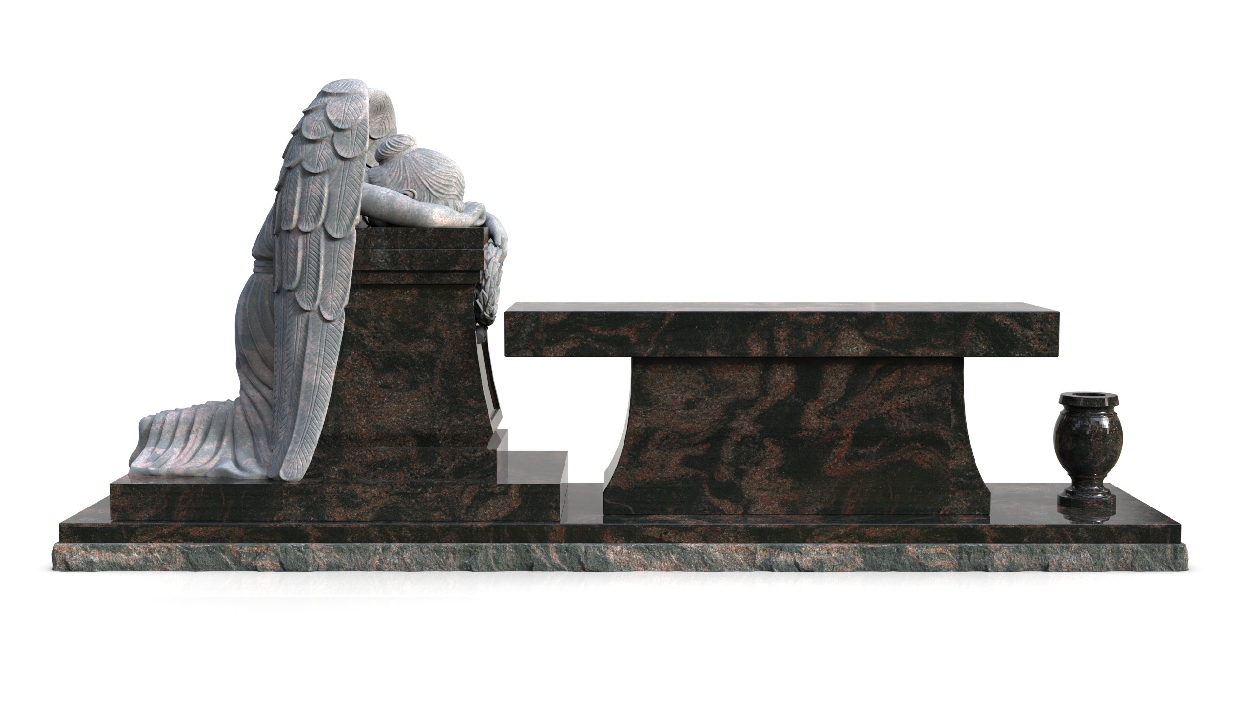 A detailed sculpture of a kneeling angel with large wings, head bowed in sorrow, resting on a dark, patterned granite monument. This powerful artwork is designed for a grand memorial, conveying deep remembrance and grief.