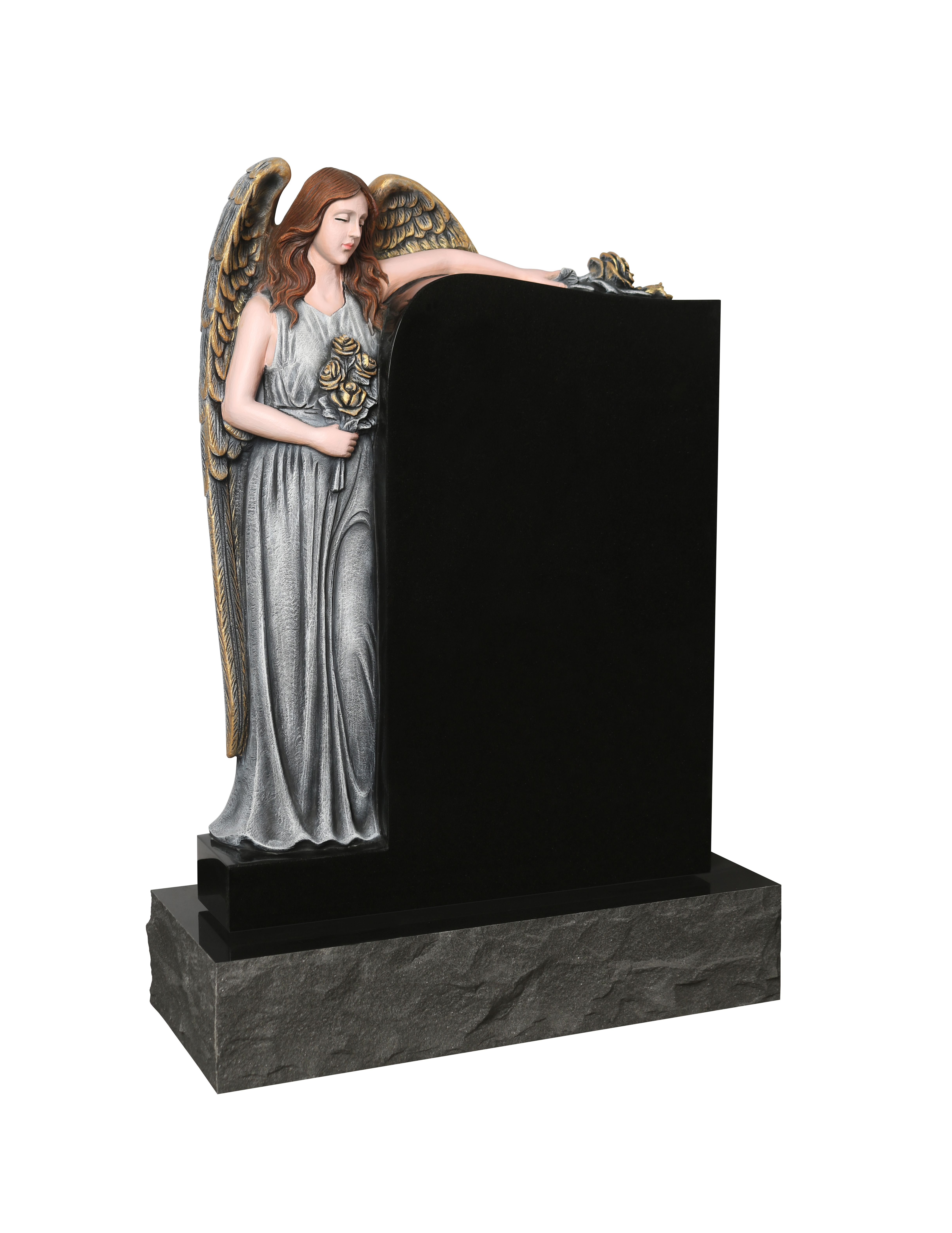 A detailed, realistic sculpture of an angel with long flowing hair, golden wings, and holding roses, leaning against a polished black monument. The angel's graceful pose and serene expression convey peace and remembrance, making it a fitting memorial artwork.