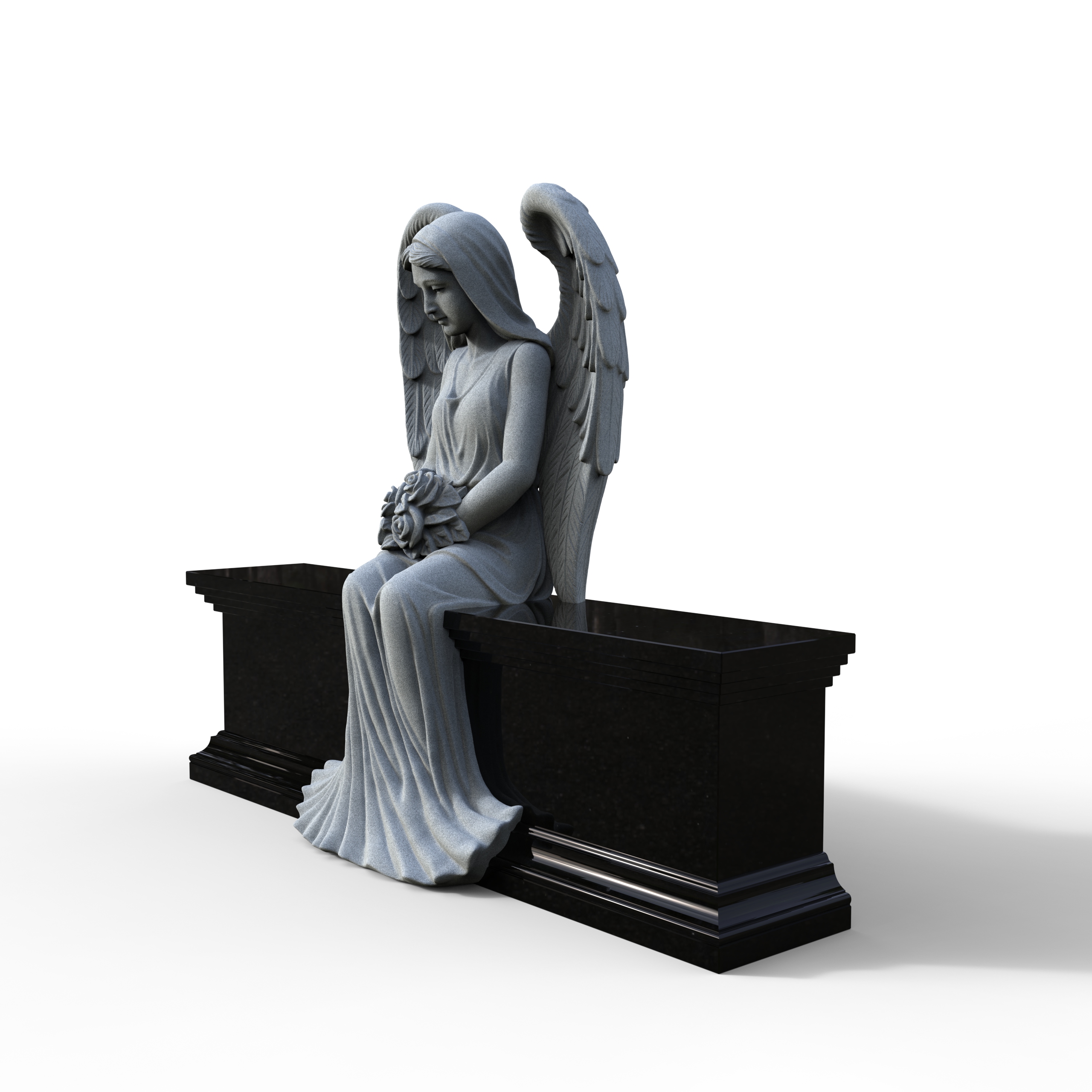 A detailed sculpture of a weeping angel seated on a polished dark granite memorial base, holding a bouquet of roses. The angel has large, textured wings and flowing drapery, embodying remembrance and grace.
