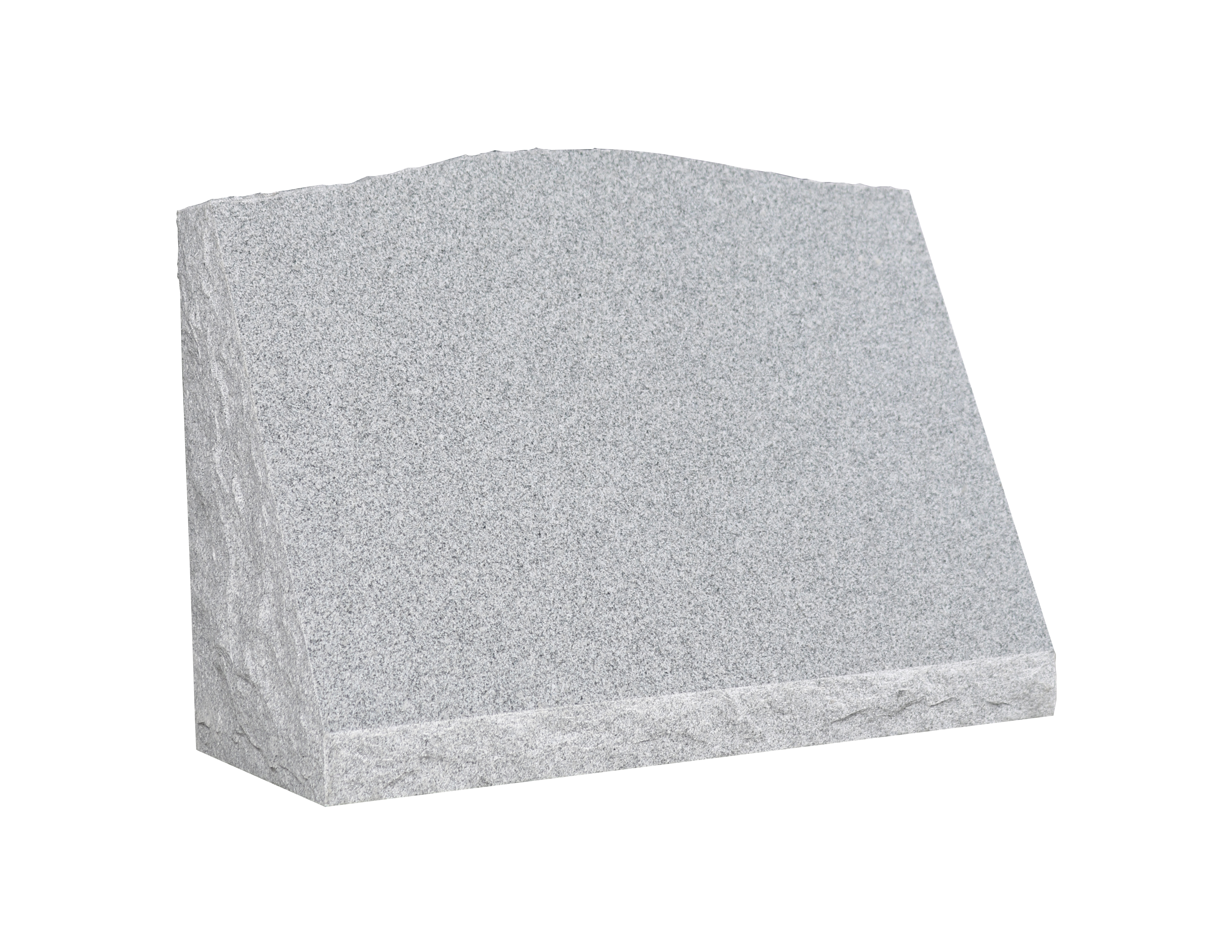 A blank, light gray granite upright memorial with a gently curved top and rough, pitched edges along its sides and bottom, set against a white background. The front face is smooth and ready for engraving artwork, while the sides display a natural, rugged stone finish, offering a classic and customizable option for headstones.