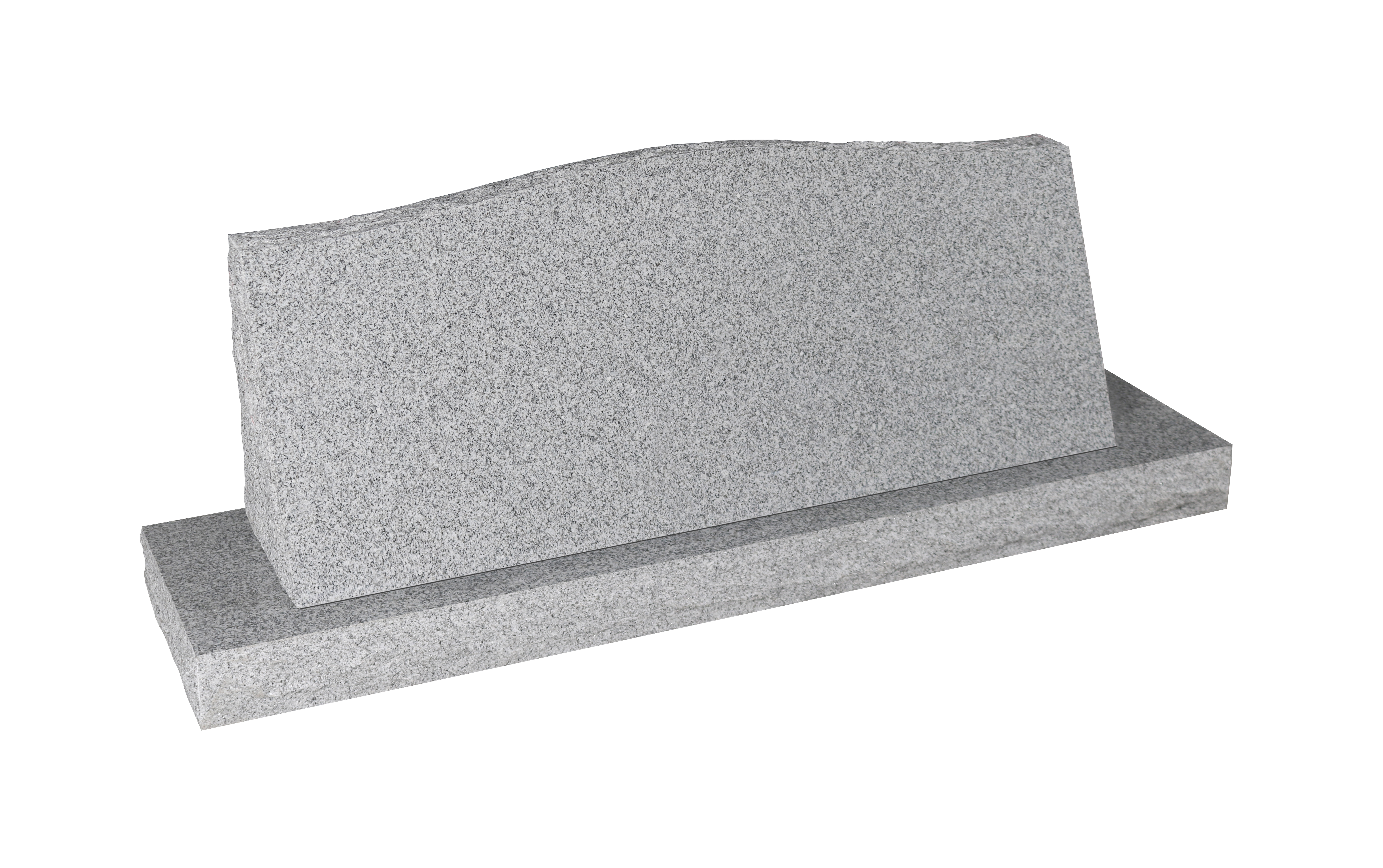 A blank, light gray speckled granite upright memorial headstone with a gently curved top edge, resting on a matching rectangular base. The natural stone's texture is visible, indicating a custom-ready foundation for engraving.