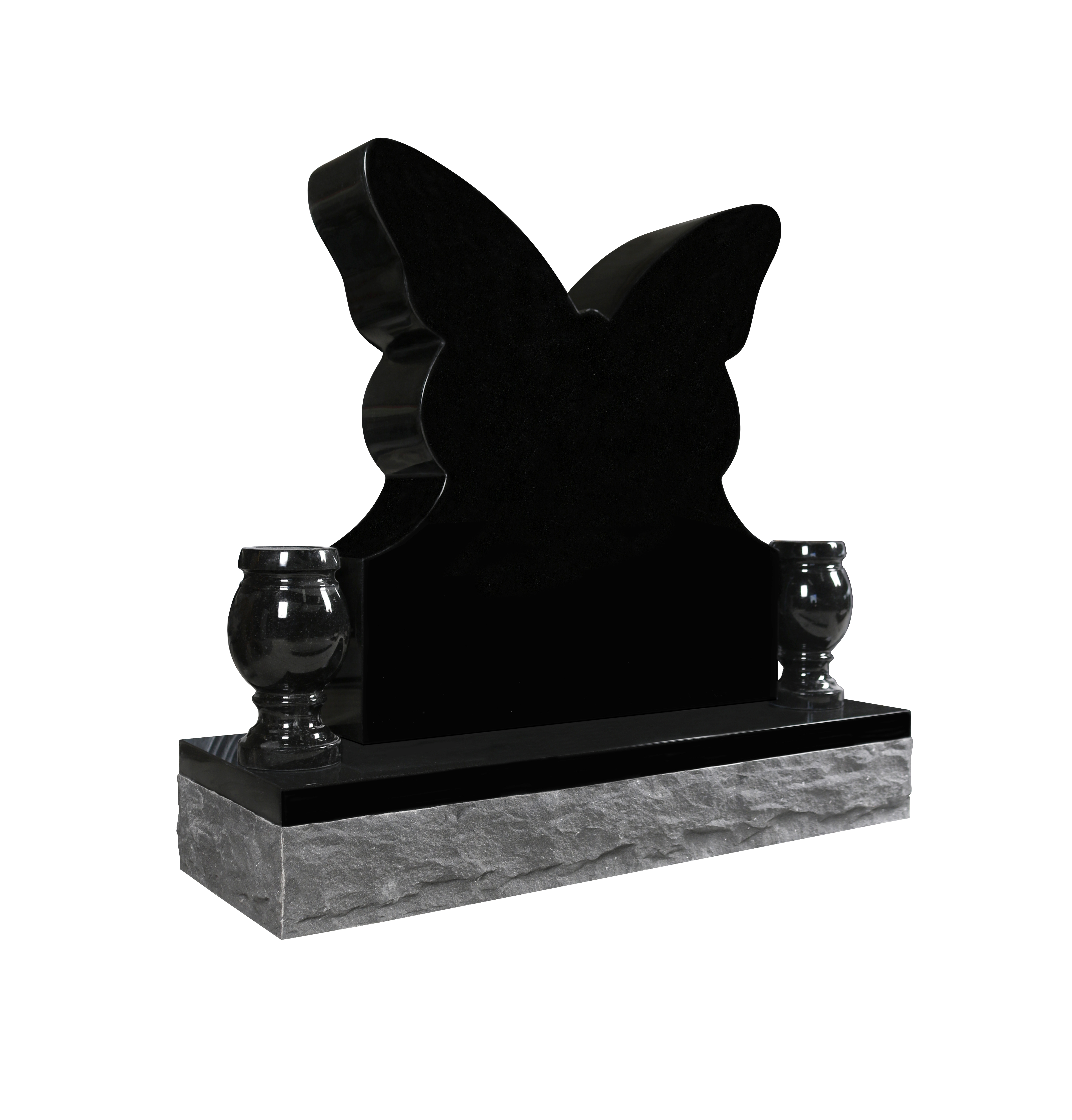 A striking black granite headstone shaped like a butterfly with smooth, polished surfaces and soft curves. It is flanked by two matching black granite urns, resting on a textured, rock-faced gray granite base, conveying a sense of modern elegance and profound symbolism.