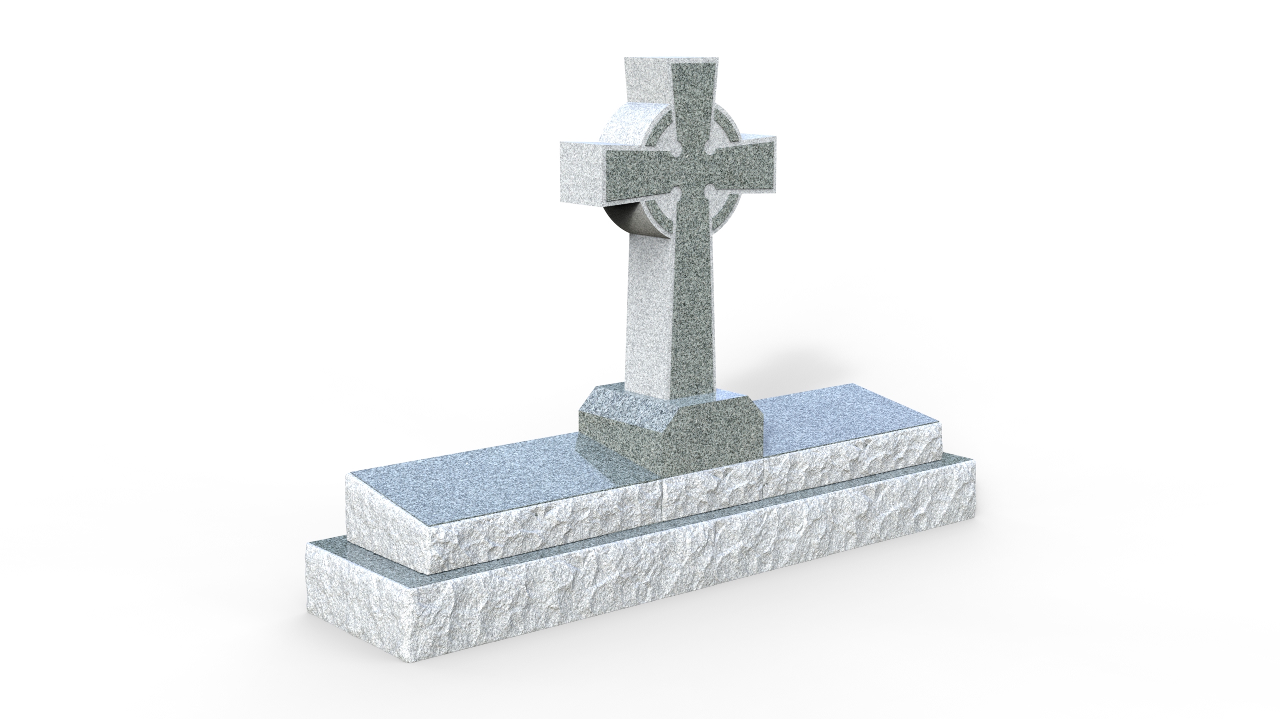 A detailed rendering of a traditional granite Celtic cross monument on a tiered base. The design emphasizes the textured stone and the iconic ring of the cross, symbolizing faith and eternal heritage on memorials.