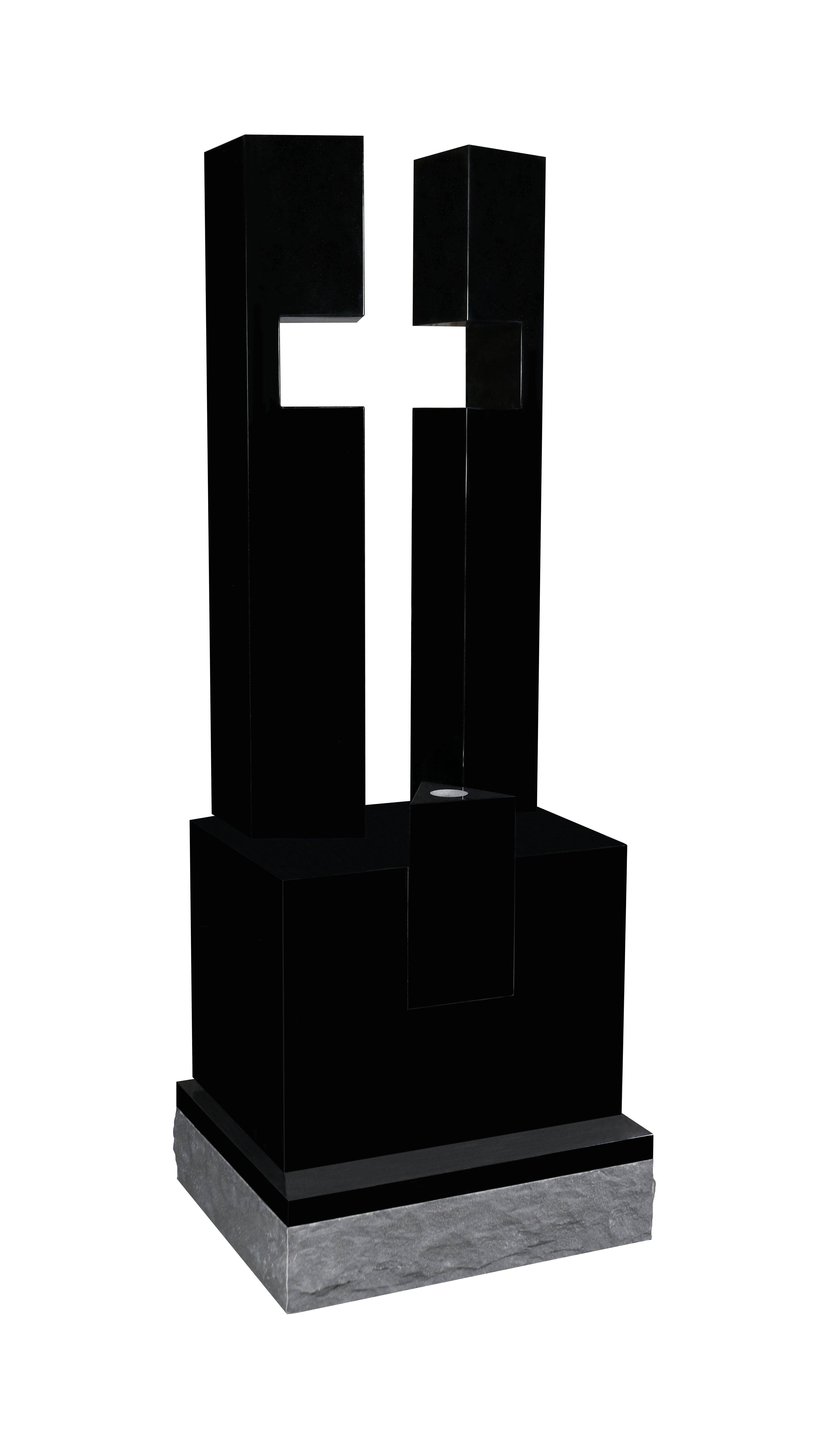 A modern, upright cemetery monument made of polished black granite with a recessed, lighter-toned cross design in the upper portion, set on a rough-hewn light gray base. This contemporary memorial signifies faith and remembrance.