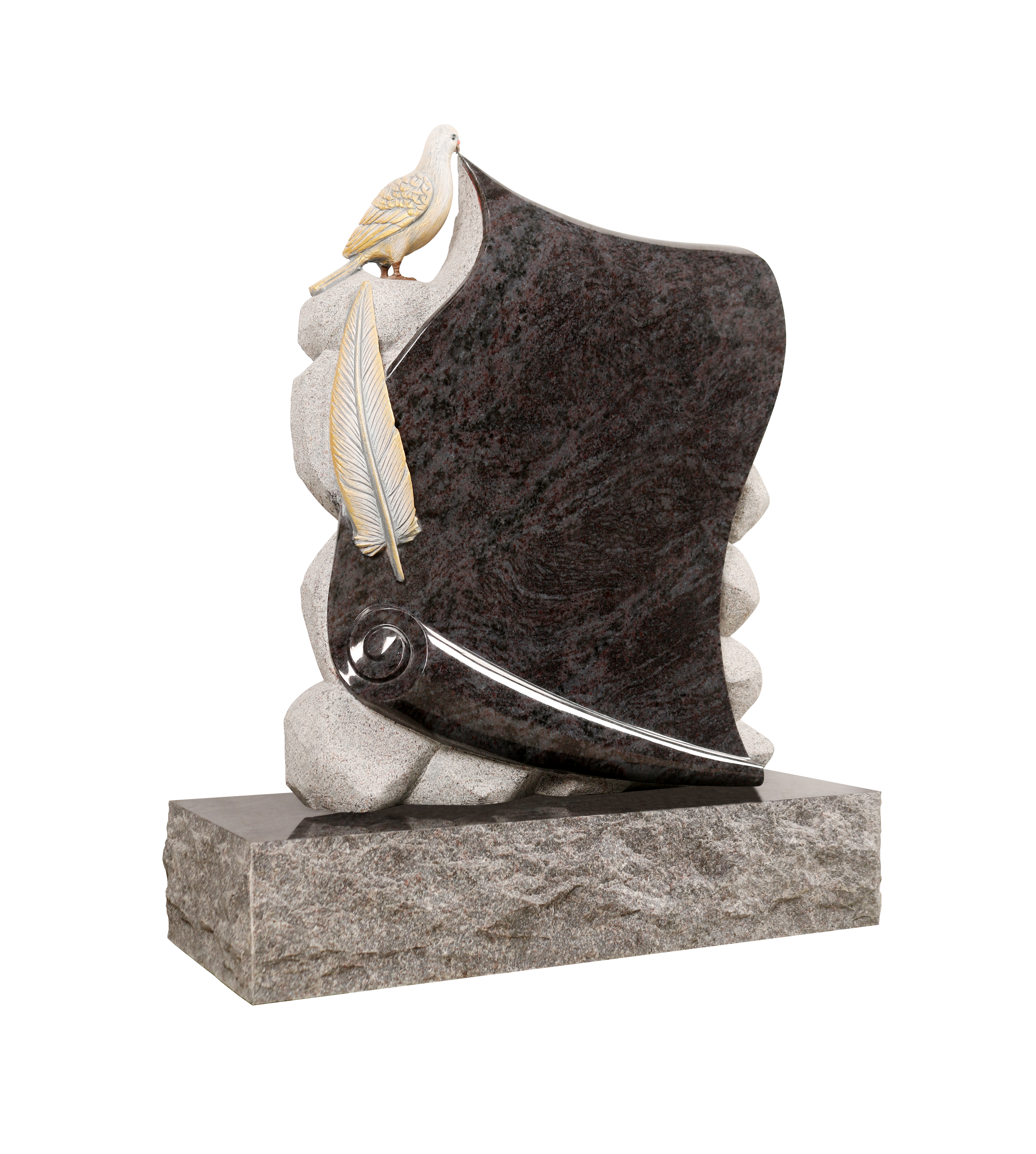 A detailed memorial artwork featuring a granite scroll with a dove perched on top and a feather lying beside it, symbolizing peace, remembrance, and the spiritual journey. Ideal for headstones and monuments.