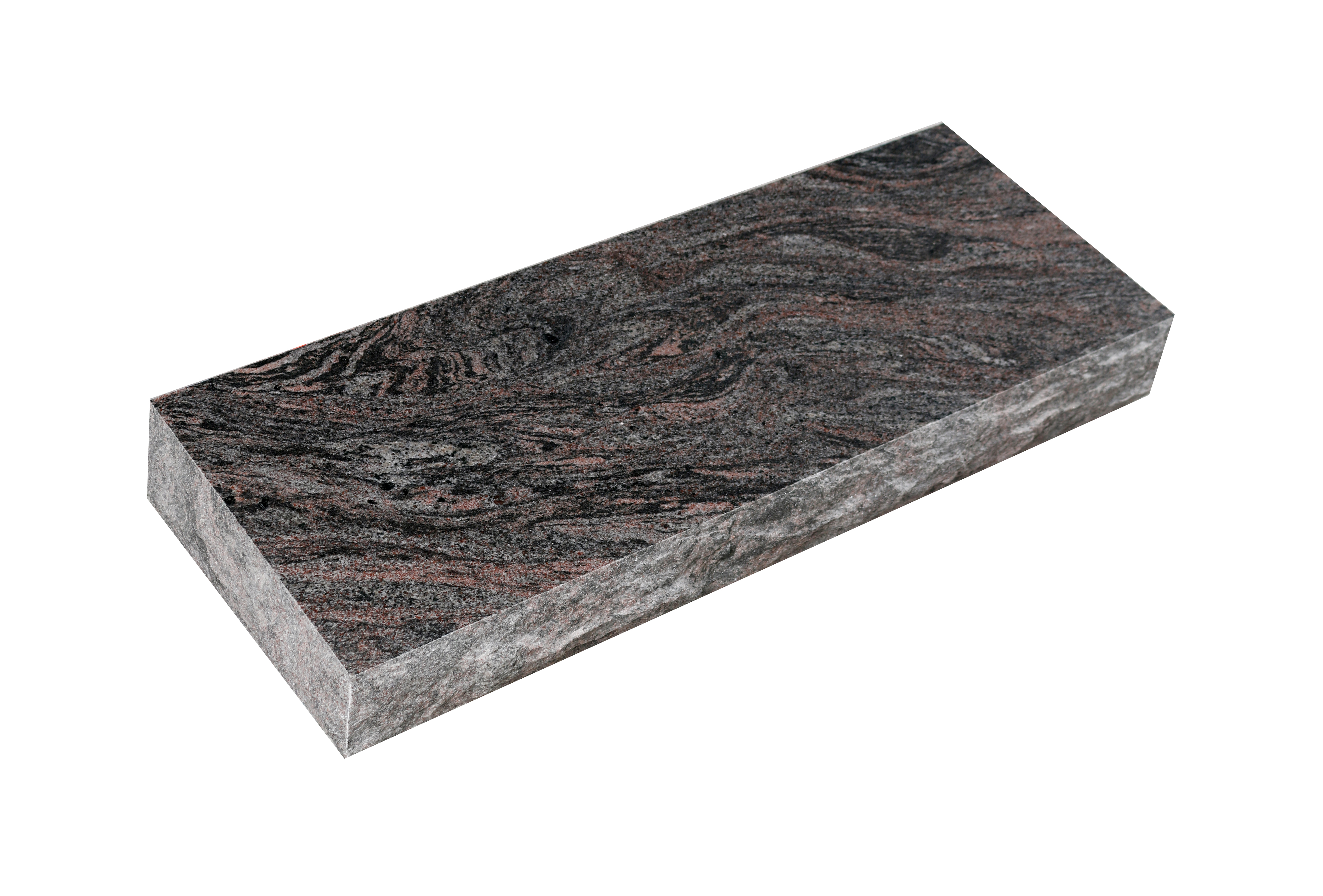 A rectangular granite slab with striking dark gray and black swirling patterns, showcasing natural reddish-brown veins. The top surface is polished, while the sides have a rough, unpolished texture, ideal for a memorial base.