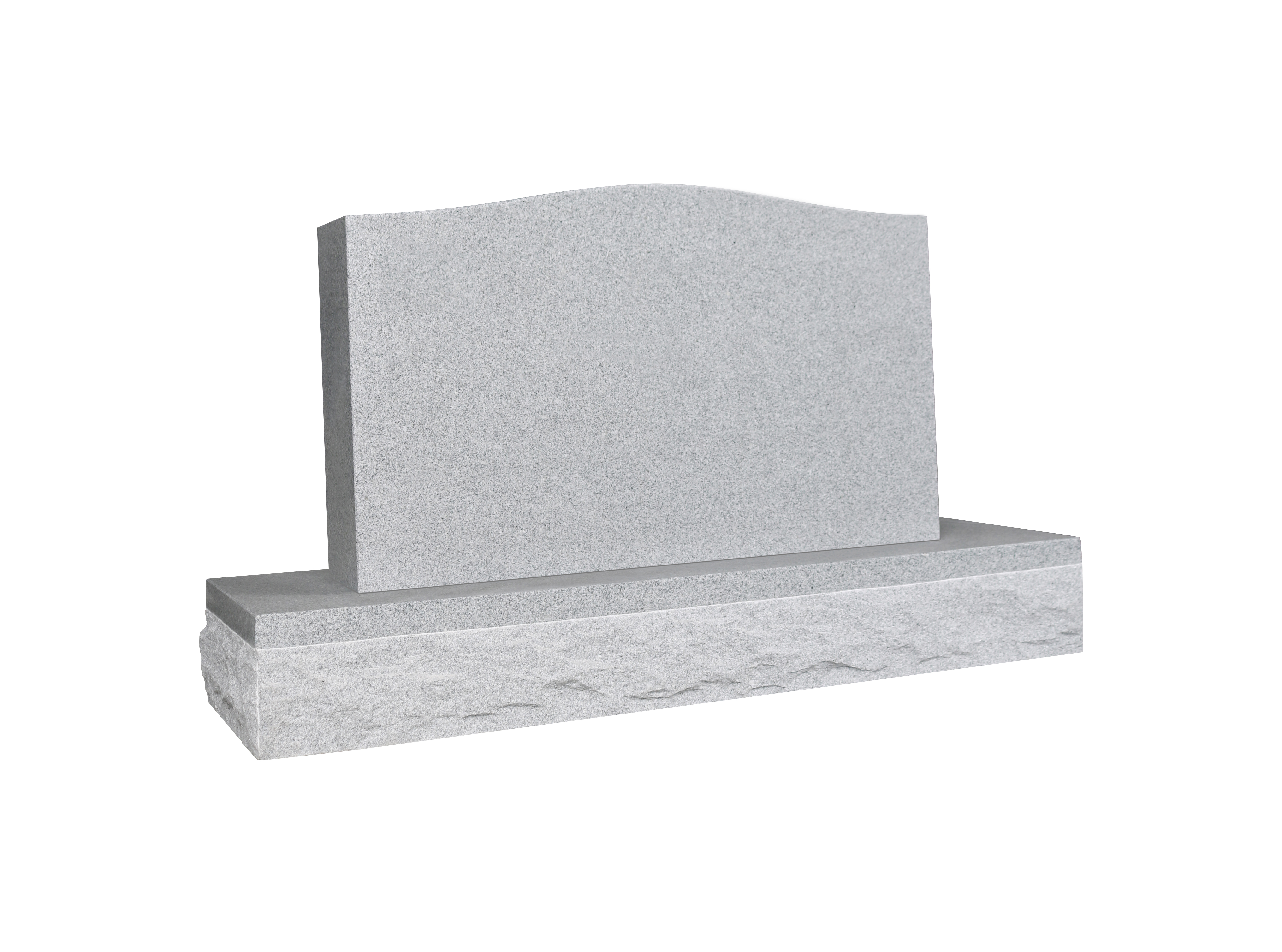 A minimalist, polished gray granite upright headstone with a gently curved top, positioned on a textured, rock-pitched base. This simple yet elegant design provides a clean surface for personalized memorial engravings.