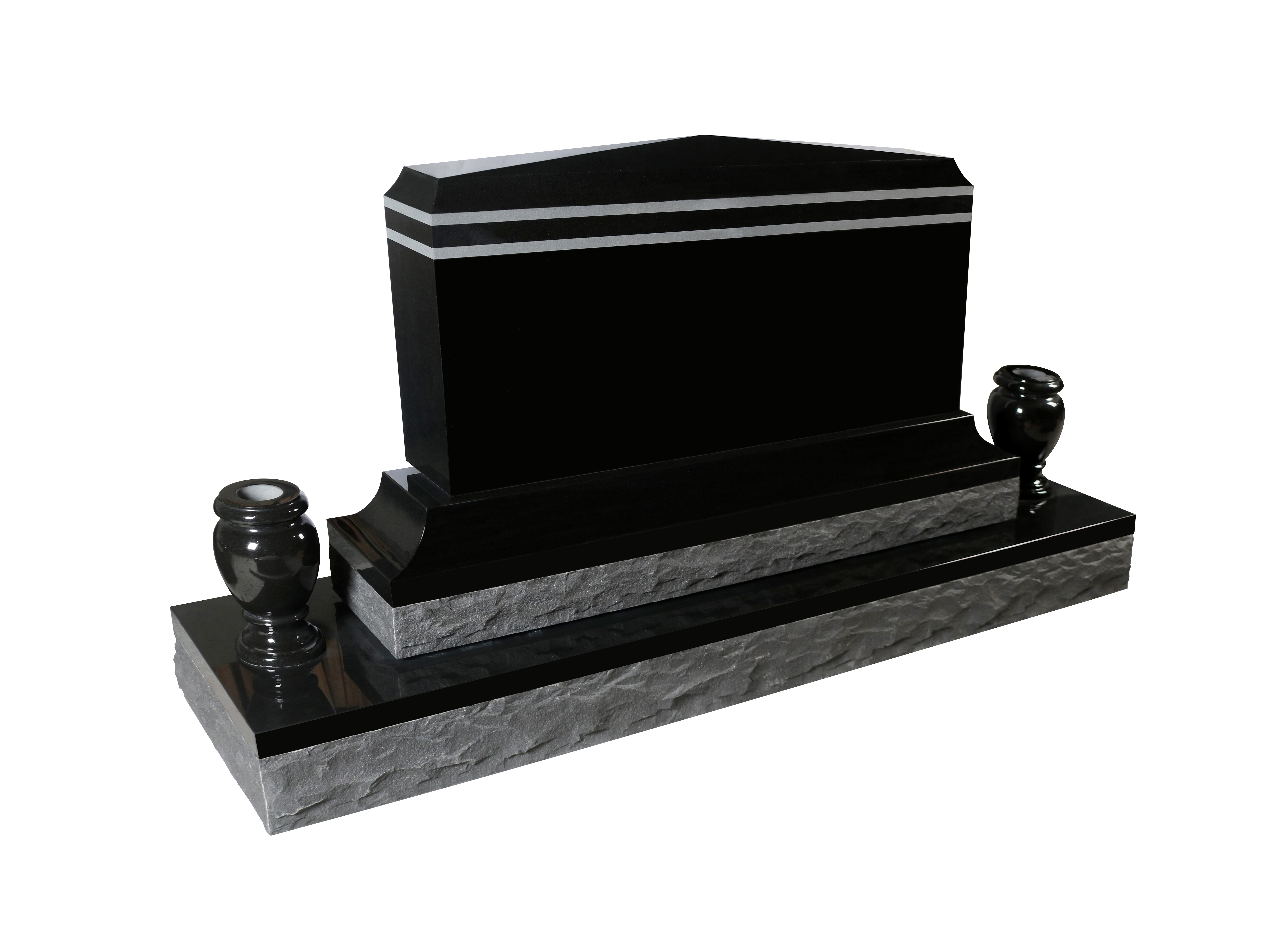 A modern, polished black granite upright headstone with two horizontal white line engravings near the top. It features a sleek base and two matching black granite flower vases, all set on a rough light grey granite foundation.