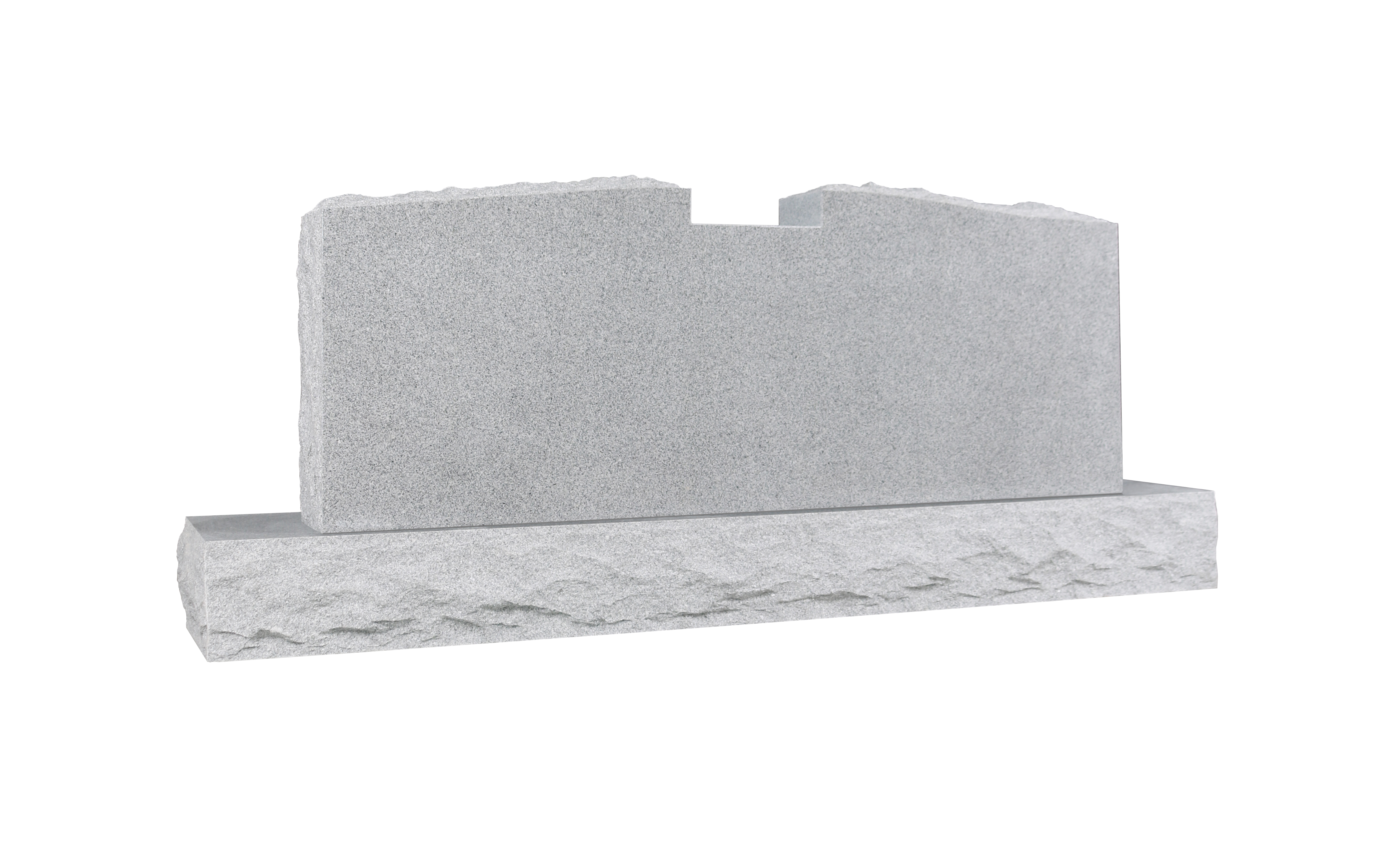 A blank, light grey granite upright headstone with natural, rugged edges on both the monument and its matching base. The top of the headstone features an intriguing, irregular carved-out section, providing a unique canvas for custom engraving. The base has a rock pitched finish, adding to its natural aesthetic.
