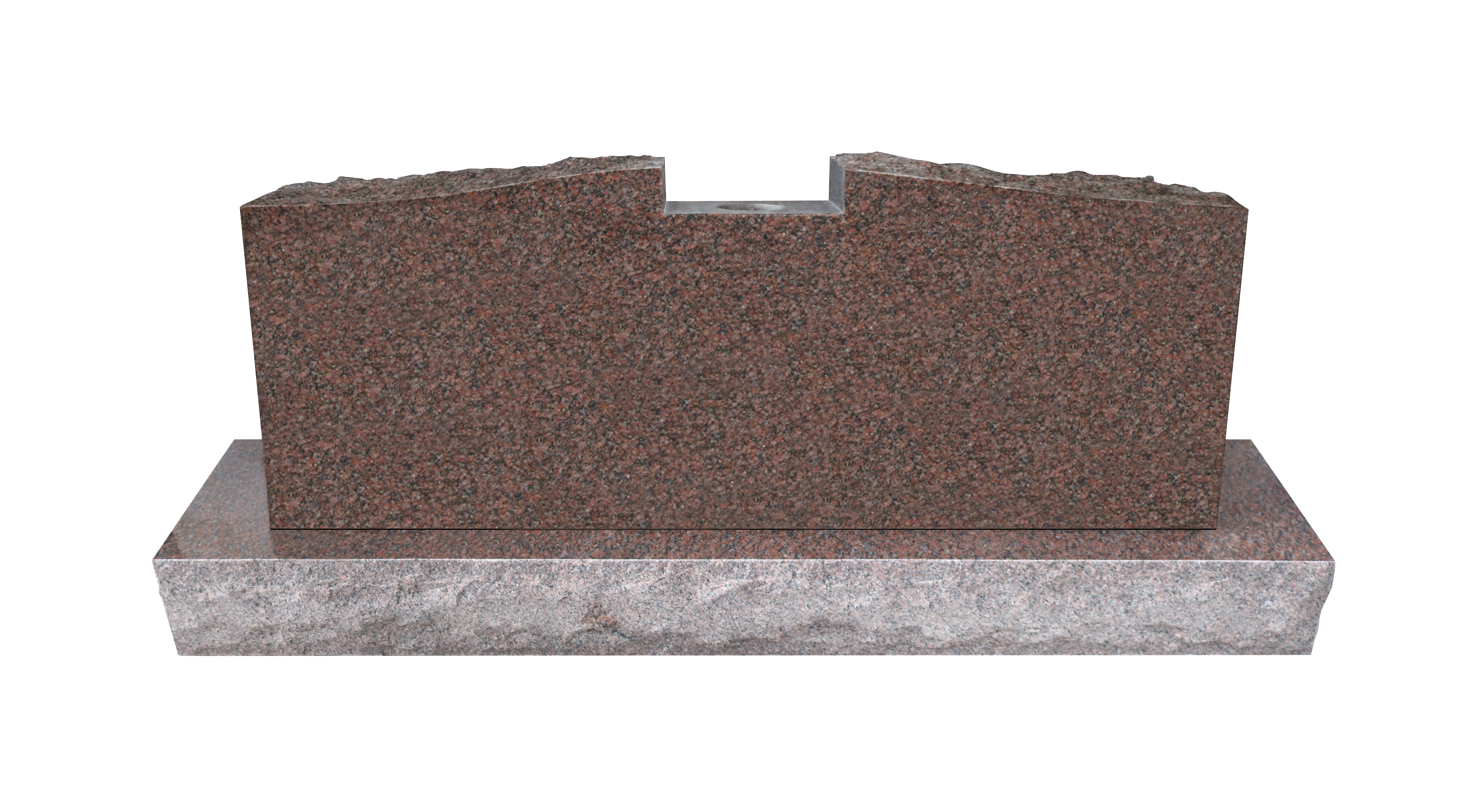 A robust headstone made of polished red granite with a rugged, rock-pitched top edge. The memorial sits on a rough-hewn gray granite base, an ideal choice for durable and elegant remembrance. Perfect for a lasting tribute.