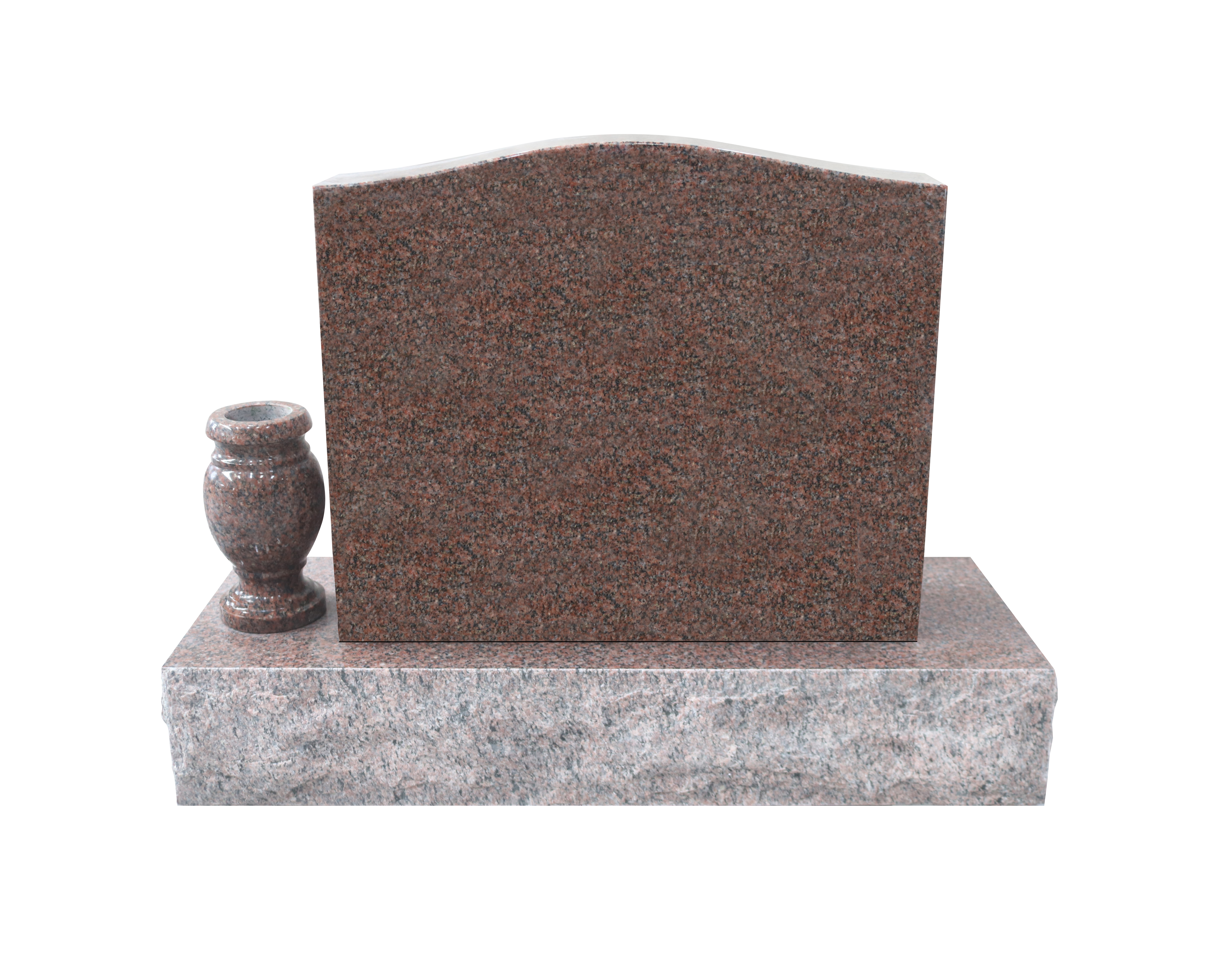 A reddish-brown polished granite upright headstone with a subtly curved top, positioned on a lighter gray granite base. A matching granite floral vase sits to the left of the main upright stone, ready for flowers.