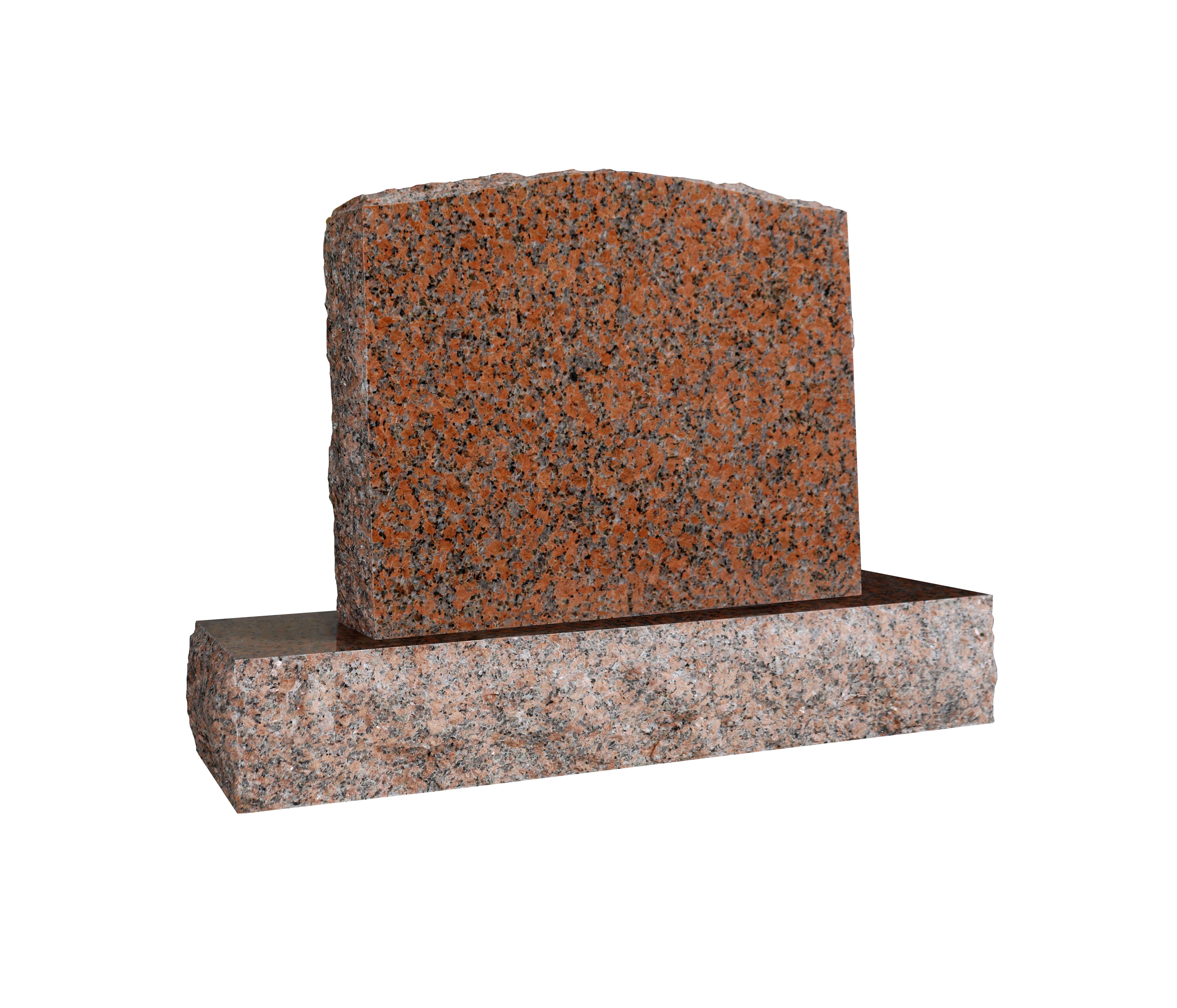 A blank upright memorial headstone made of heavily speckled red granite, with a rough, rock-pitched left edge on the die and a contrasting polished top on the base. The natural variations of red, black, and gray in the granite are prominent, providing a dignified and durable surface for personalization.