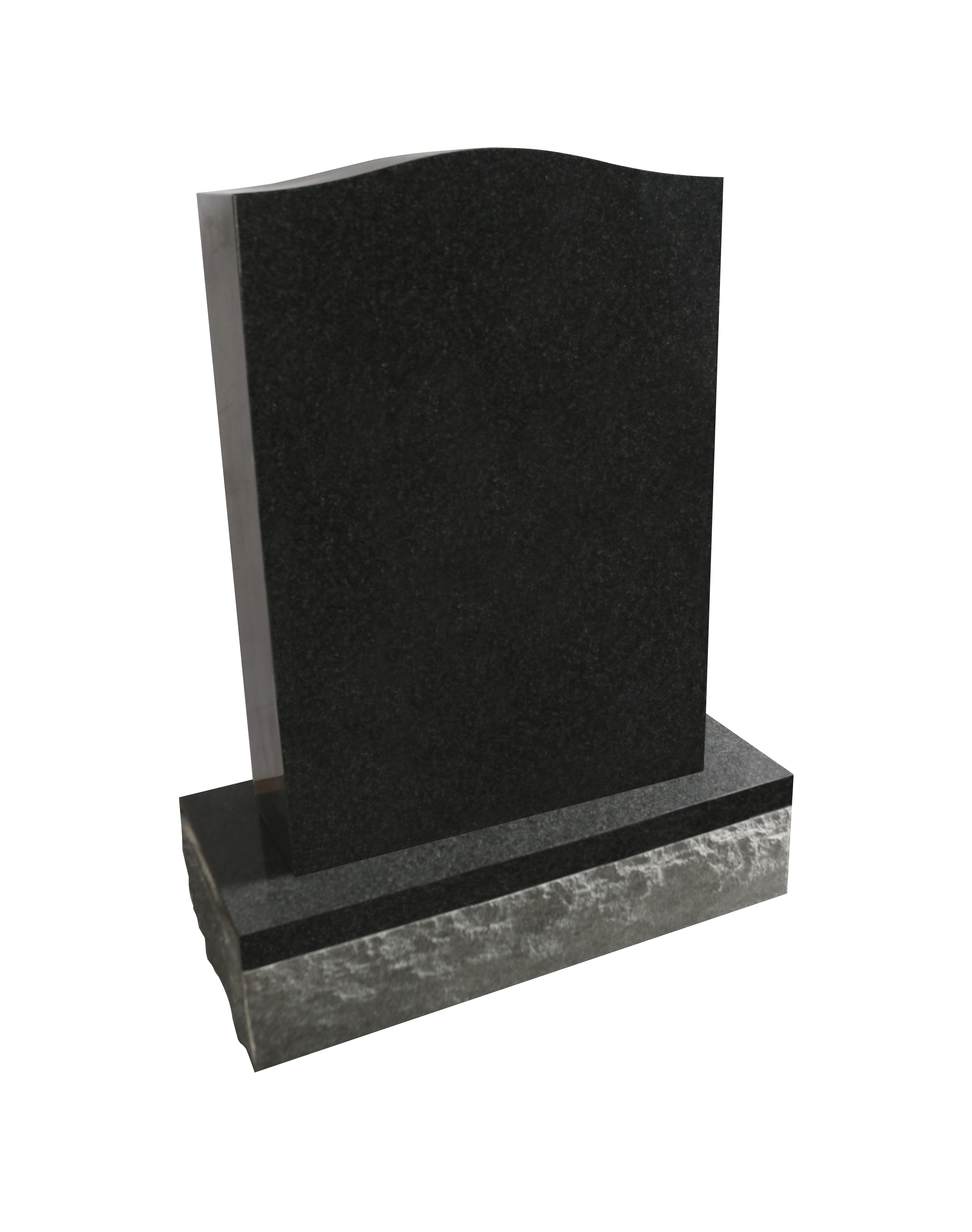 A minimalist, dark gray upright headstone with a gently curved top, sitting on a polished base atop a rough-cut granite foundation. The plain surface is ideal for custom engravings, offering a dignified and classic appearance.