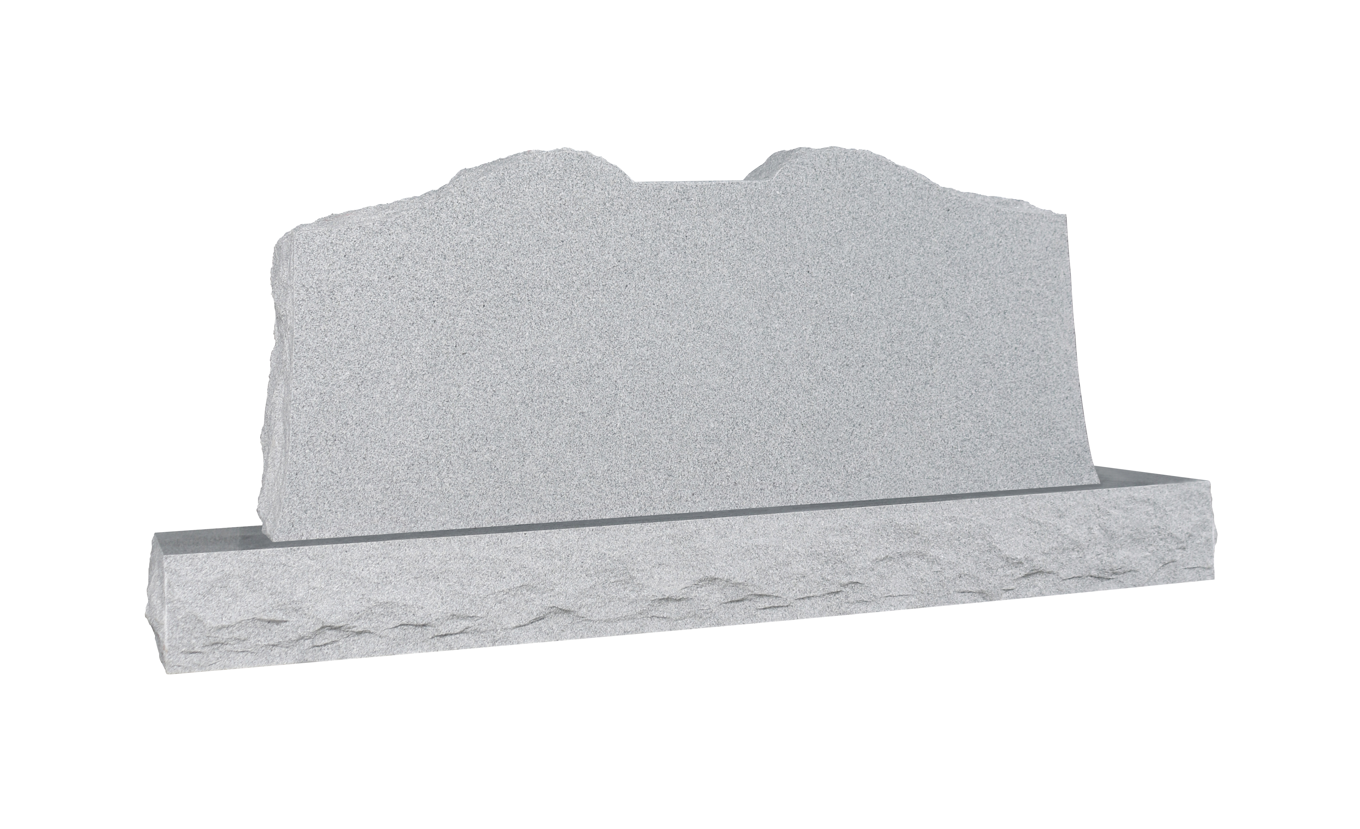 A light grey granite headstone with a natural, uneven summit and a rock-pitched base, presented on a white background. The front face is smooth and blank, awaiting custom engraving for memorial purposes.