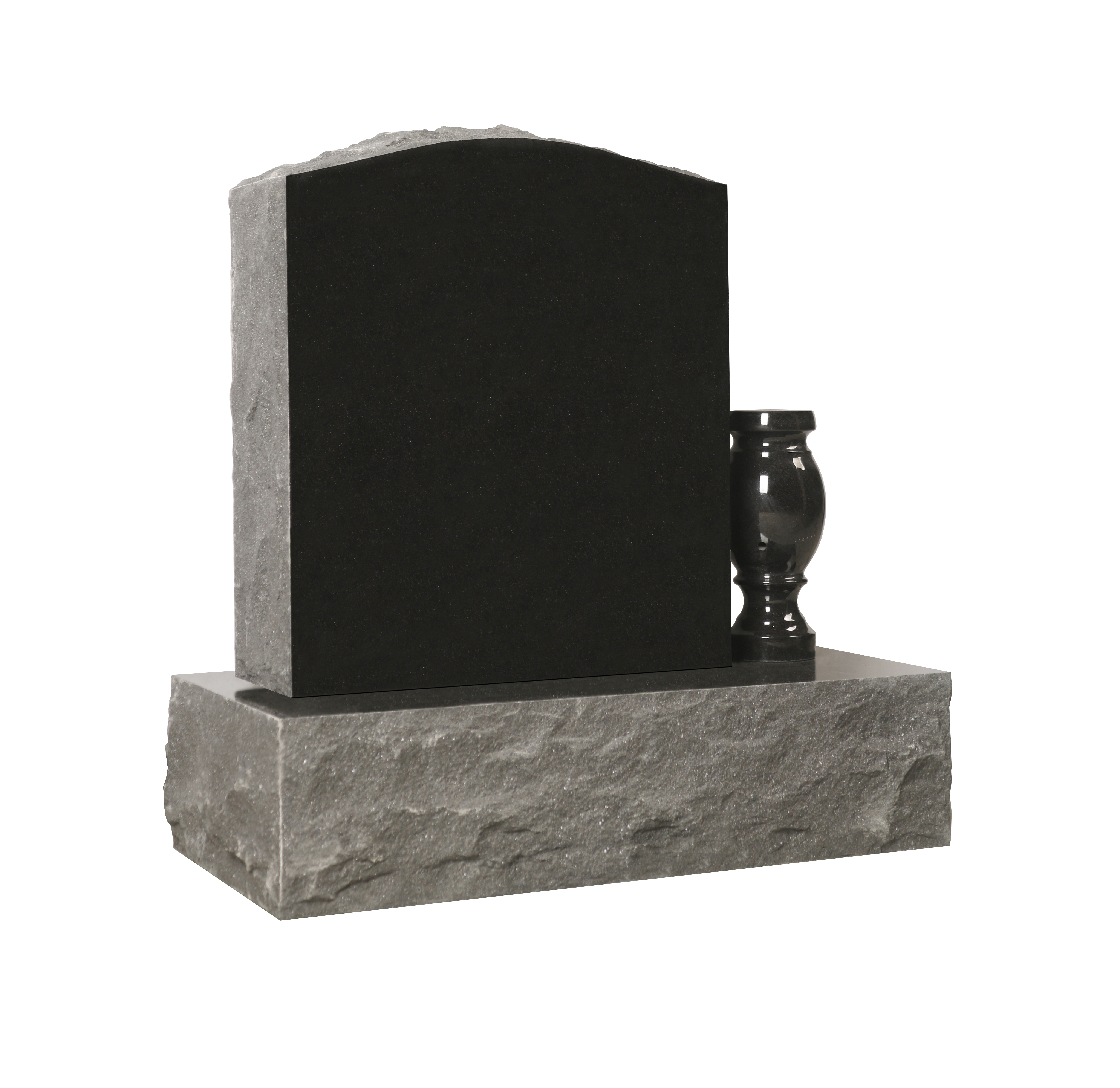 A minimalist upright headstone made of polished black granite, set on a textured grey granite base. A matching black granite vase is positioned to the right of the main slab, designed for storing memorial flowers.