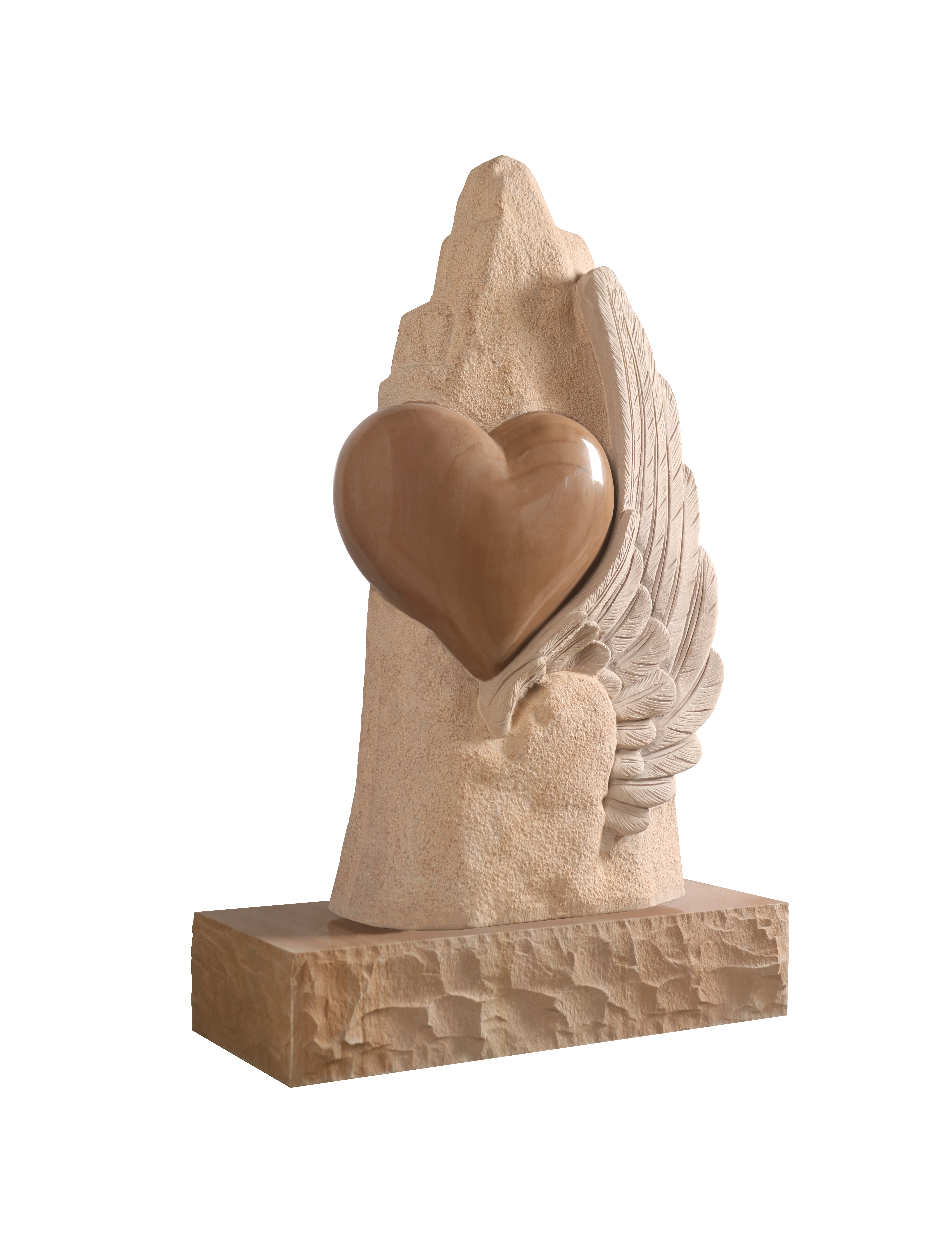 A detailed memorial sculpture showing a smooth, polished heart nestled against a textured stone background, partially enveloped by a finely carved angel wing. The wing features intricate feather details, contrasting with the rugged texture of the main stone form and the smooth heart.