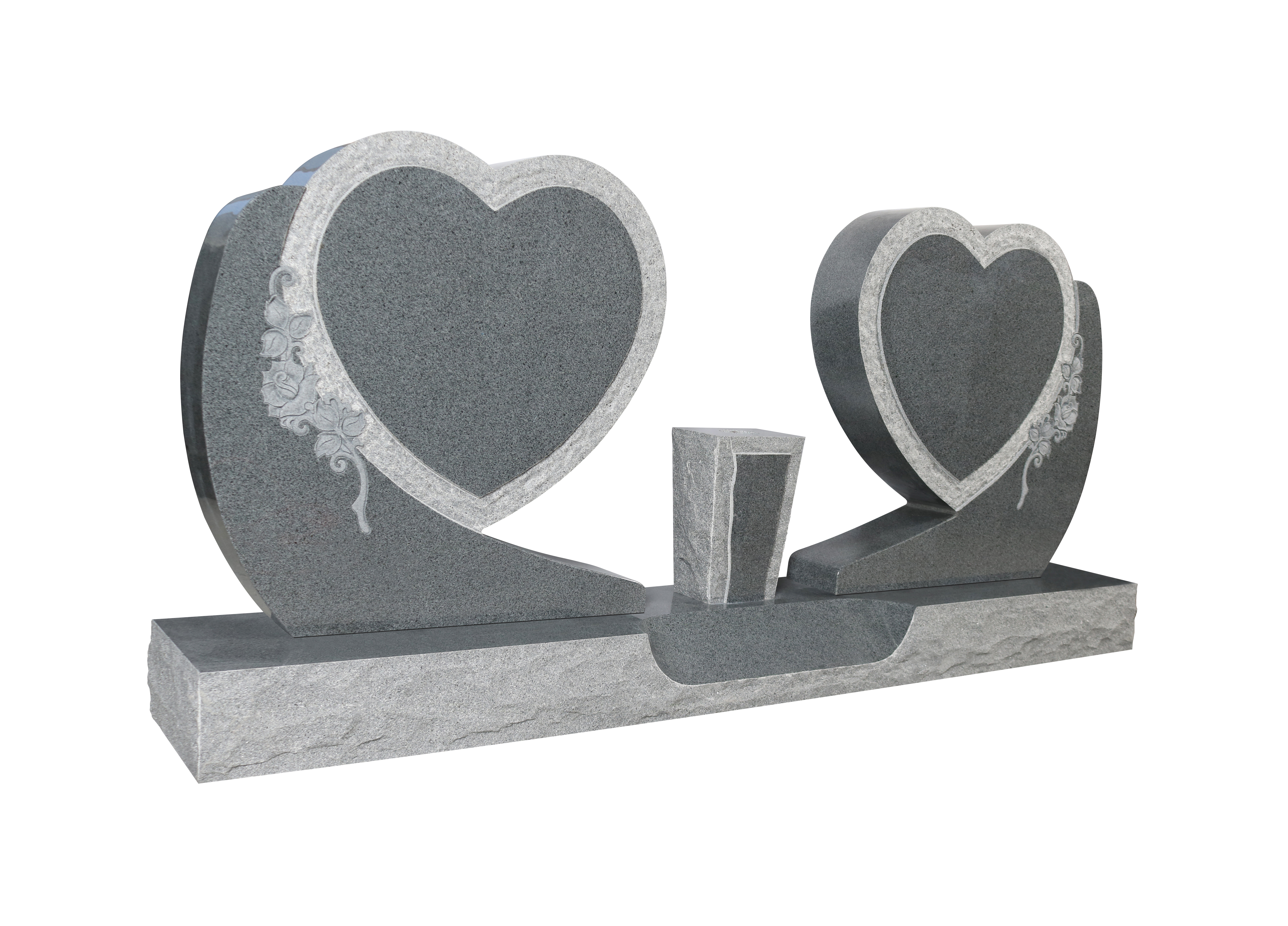 A gray double heart-shaped headstone with intricate rose and foliage engravings on the outer edges. The central panels of the hearts are recessed, providing space for inscriptions, bordered by a polished outline. This design is ideal for memorials commemorating two individuals.