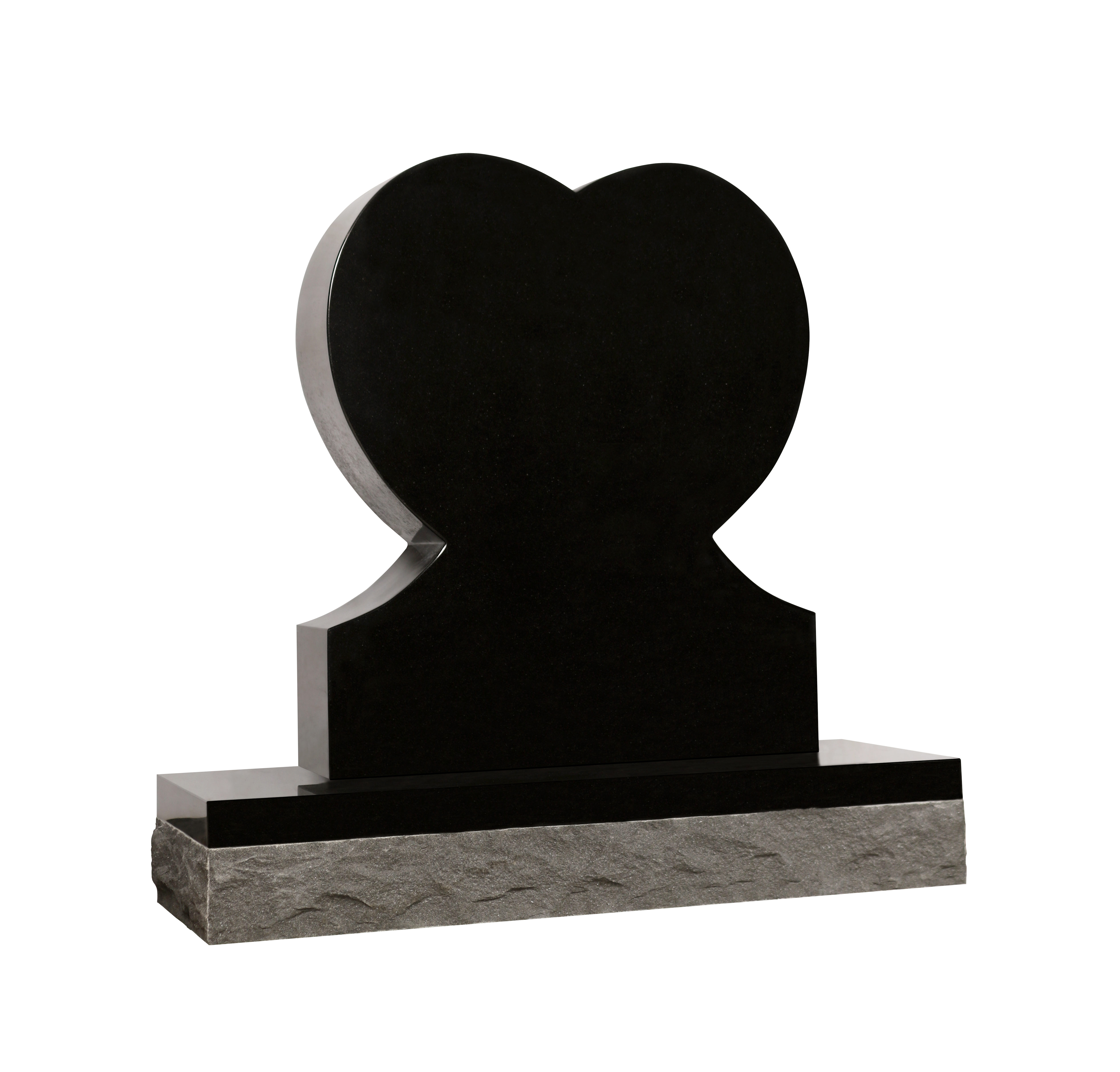 A sleek, heart-shaped upright memorial made of polished black granite, resting on a textured grey granite base. This design offers a sophisticated and timeless tribute, perfect for personalization.