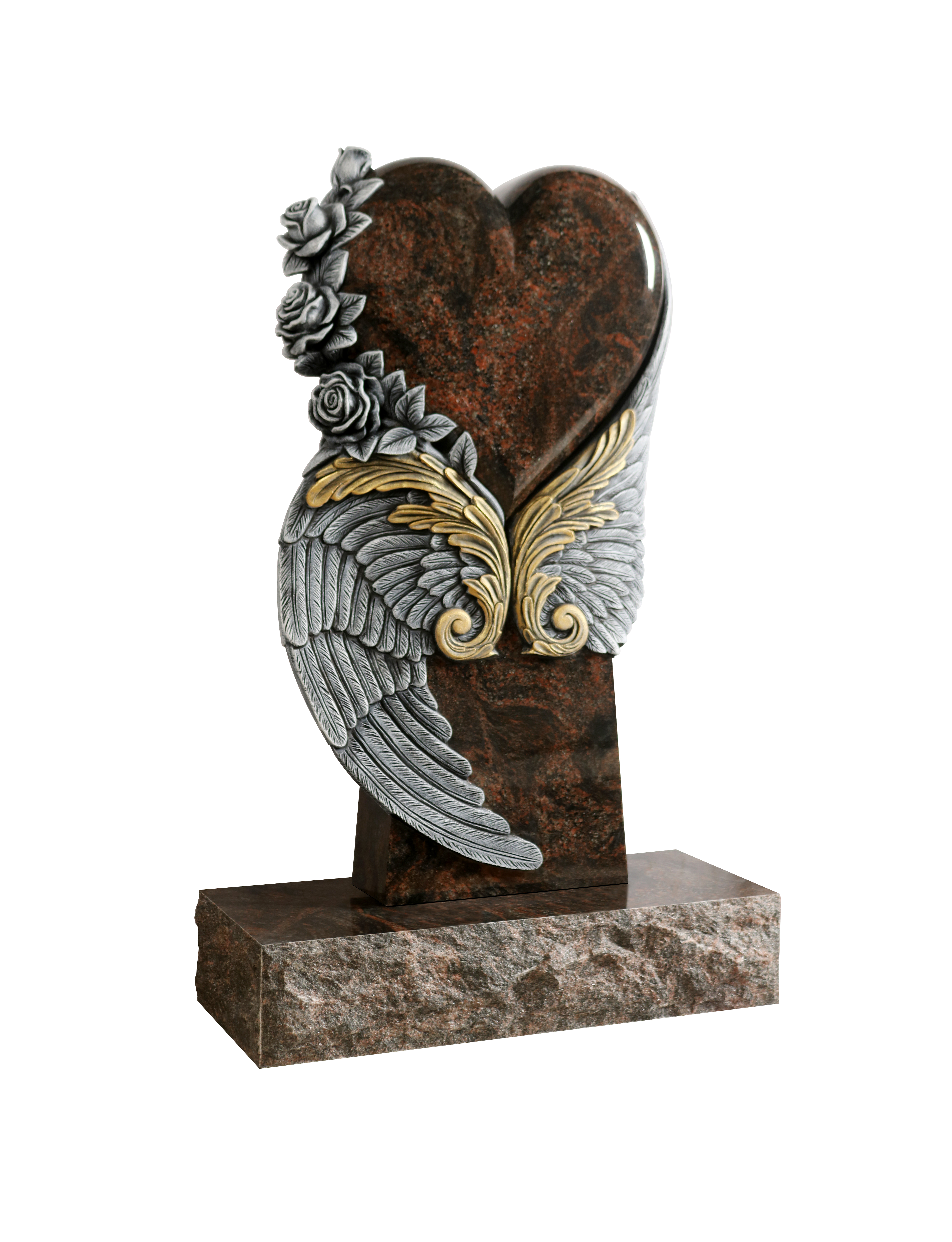 A detailed memorial artwork featuring a heart, adorned with delicately carved roses cascading down one side. Elegant angelic wings extend from the base of the heart, featuring both silver and gold detailing for a rich, commemorative look.