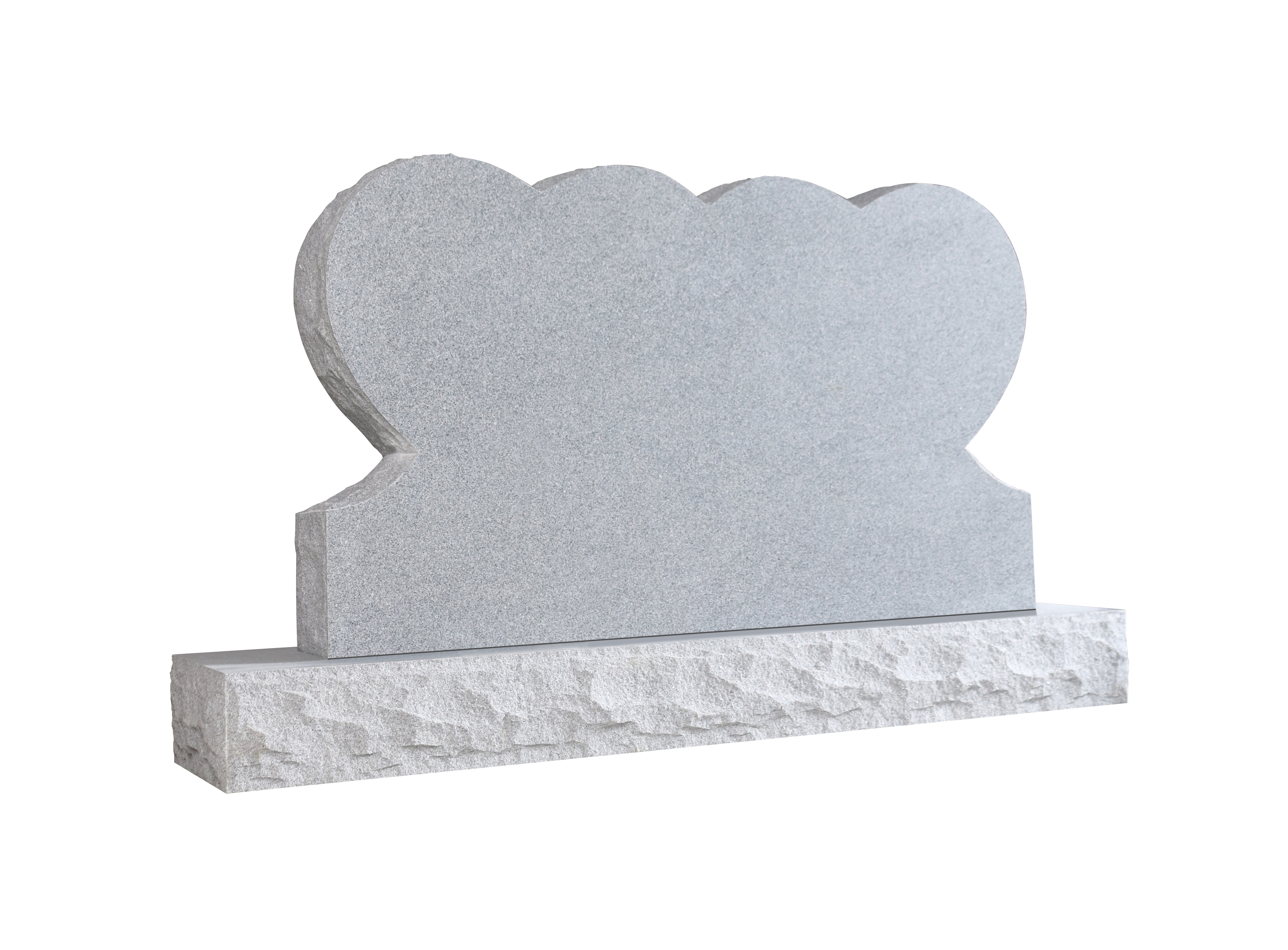 A light gray granite monument featuring a triple heart-shaped upright tablet on a rough-rock finished base, symbolizing the eternal bond of a family or multiple loved ones. The polished surface is ideal for personalized engravings. This contemporary design is perfect for companion or family memorials.
