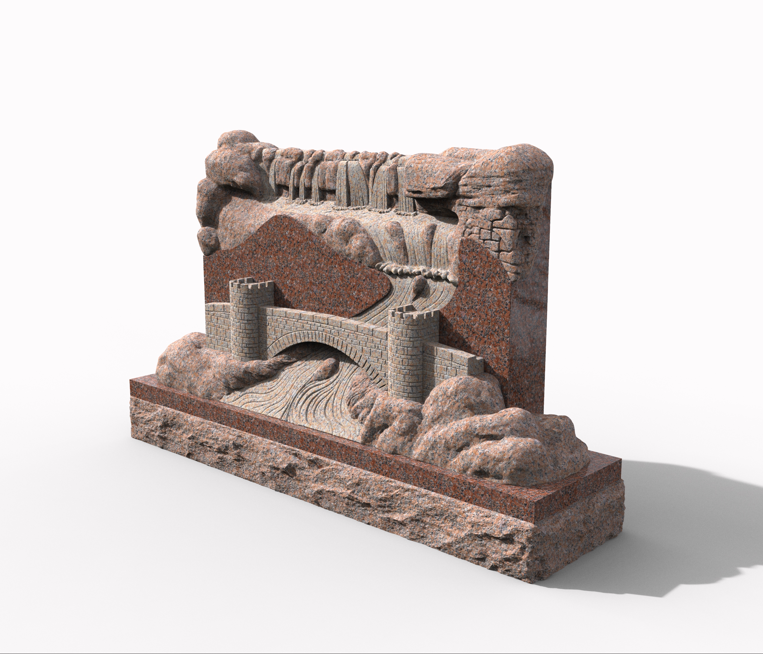 An intricate stone carving depicting a picturesque landscape featuring a cascading waterfall, a winding river, and an arched stone bridge with turrets, all set amidst rugged rock formations. This detailed artwork is suitable for lasting memorial tributes.