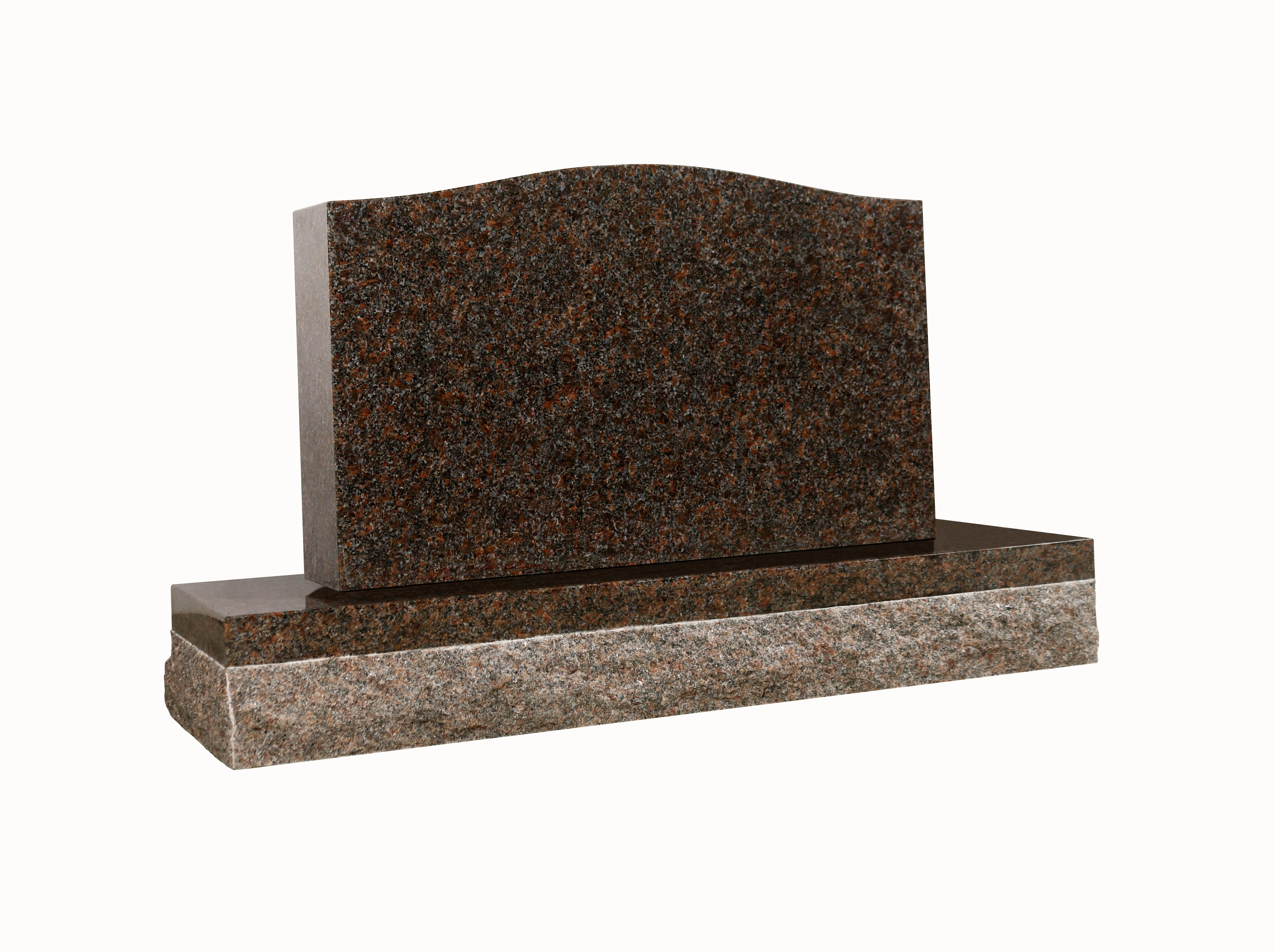 A polished red granite upright monument with a gracefully wavy top, set upon a polished base and a larger, rough-cut granite foundation. The rich, granular texture of the granite is prominent.