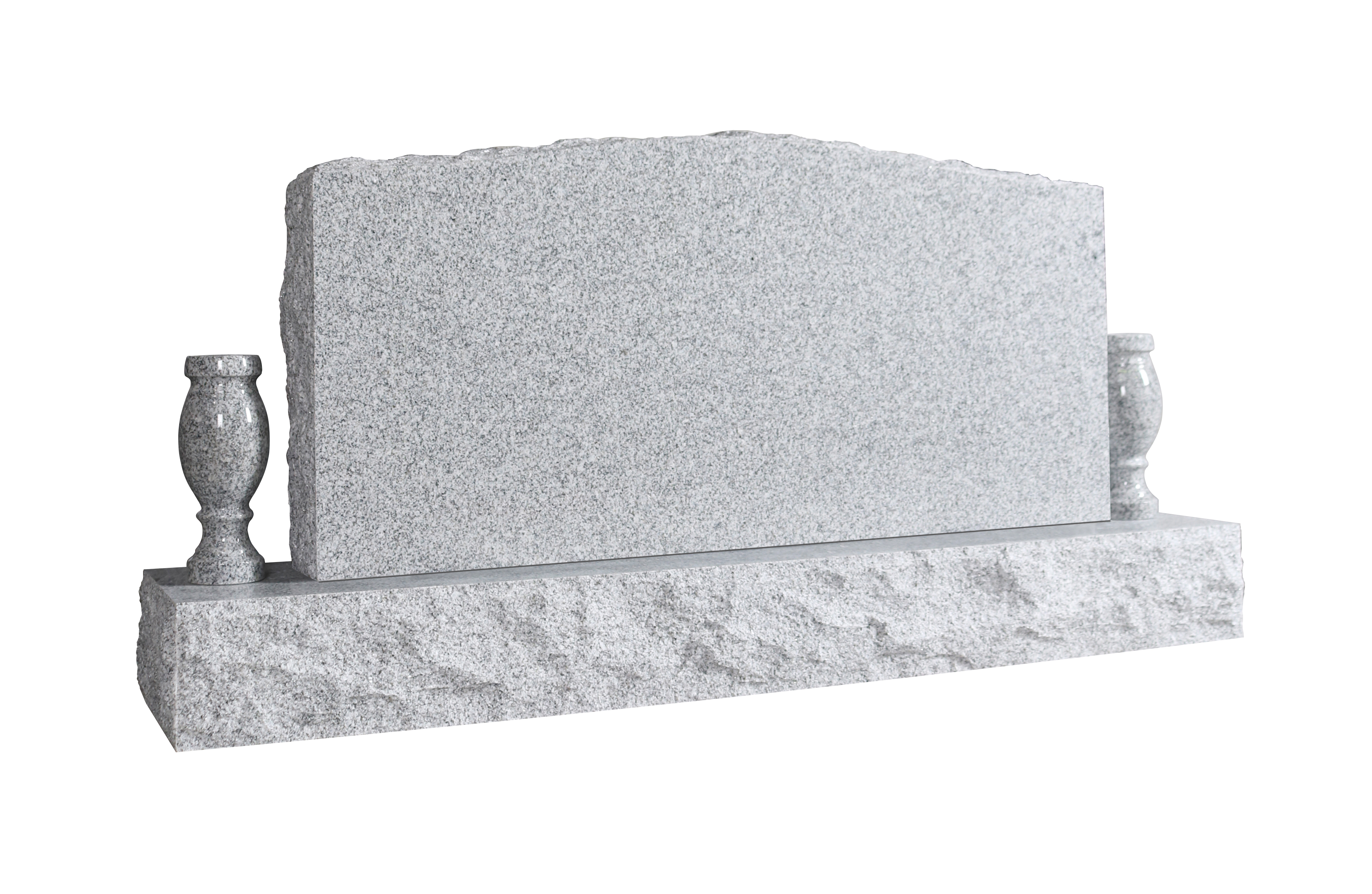 A blank, light gray granite upright monument with a rough top edge, resting on a polished base. Two matching granite vases flank the main marker, ready for floral tributes. This design accommodates custom engravings for a personalized memorial.
