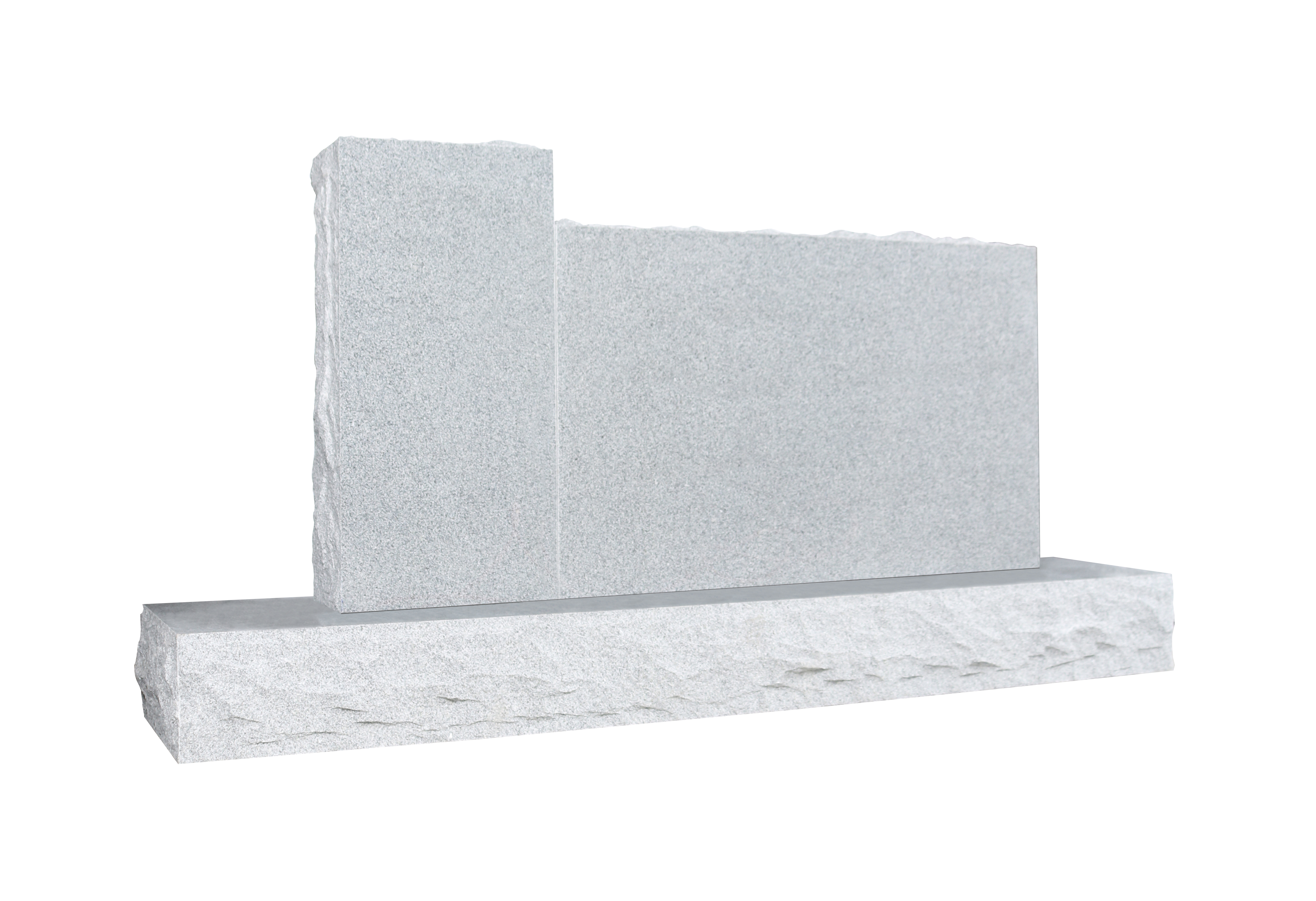 A blank, light grey two-piece upright monument with a smooth, polished rectangular top section (die) and a rugged, rock-pitched base. The stark design is ideal for custom engravings and inscriptions, providing a clean canvas for personalized memorial artwork.