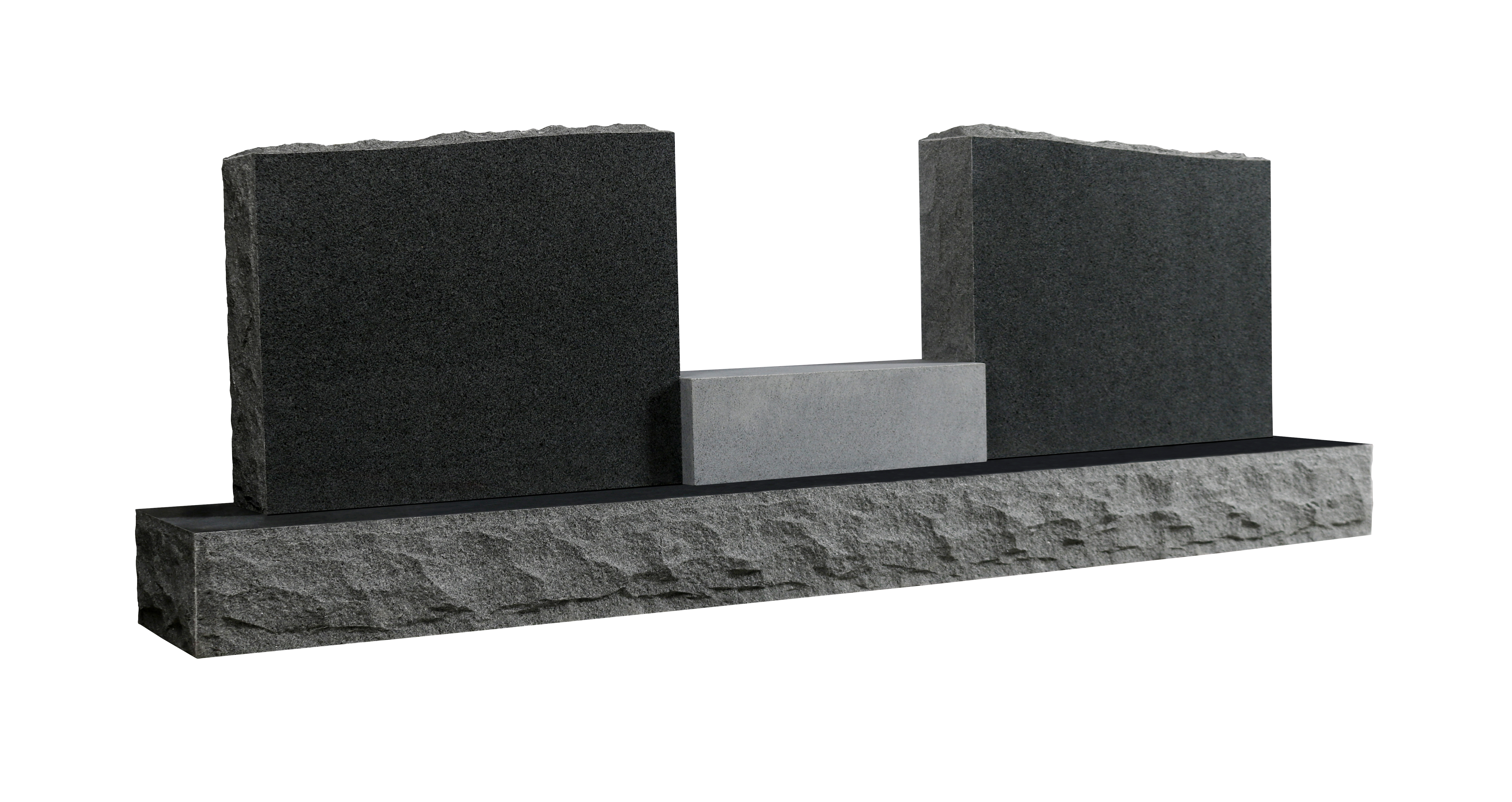 A companion upright monument featuring two polished black granite tablets with natural rock pitch edges, flanking a smaller gray granite inlay, all set upon a rustic-faced gray granite base. This elegant and durable design is suitable for commemorating two individuals.