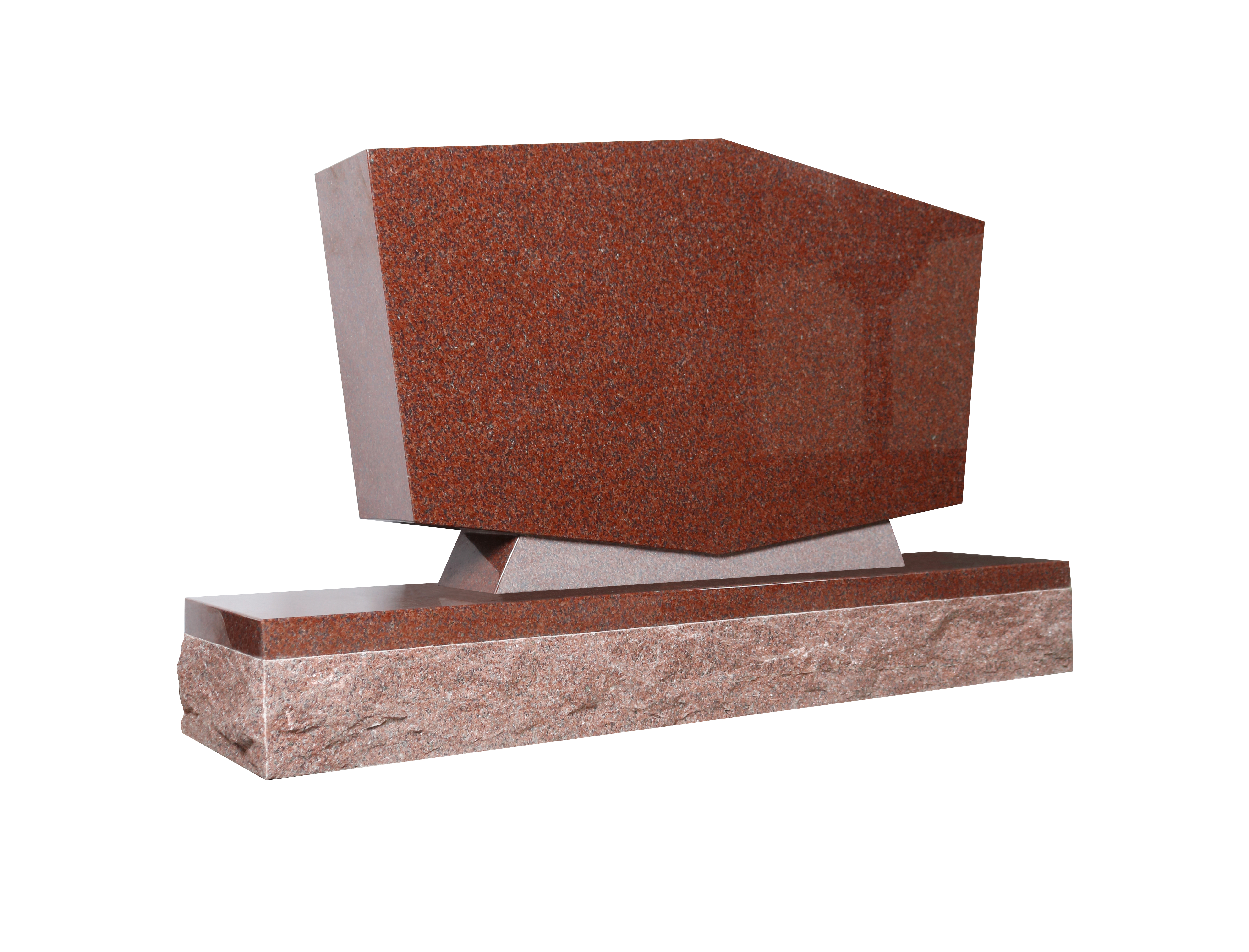 A modern memorial monument crafted from red granite, featuring a sleek, polished main stone angled dynamically on a rock-pitched base. The design combines contemporary aesthetics with robust material for a lasting tribute.