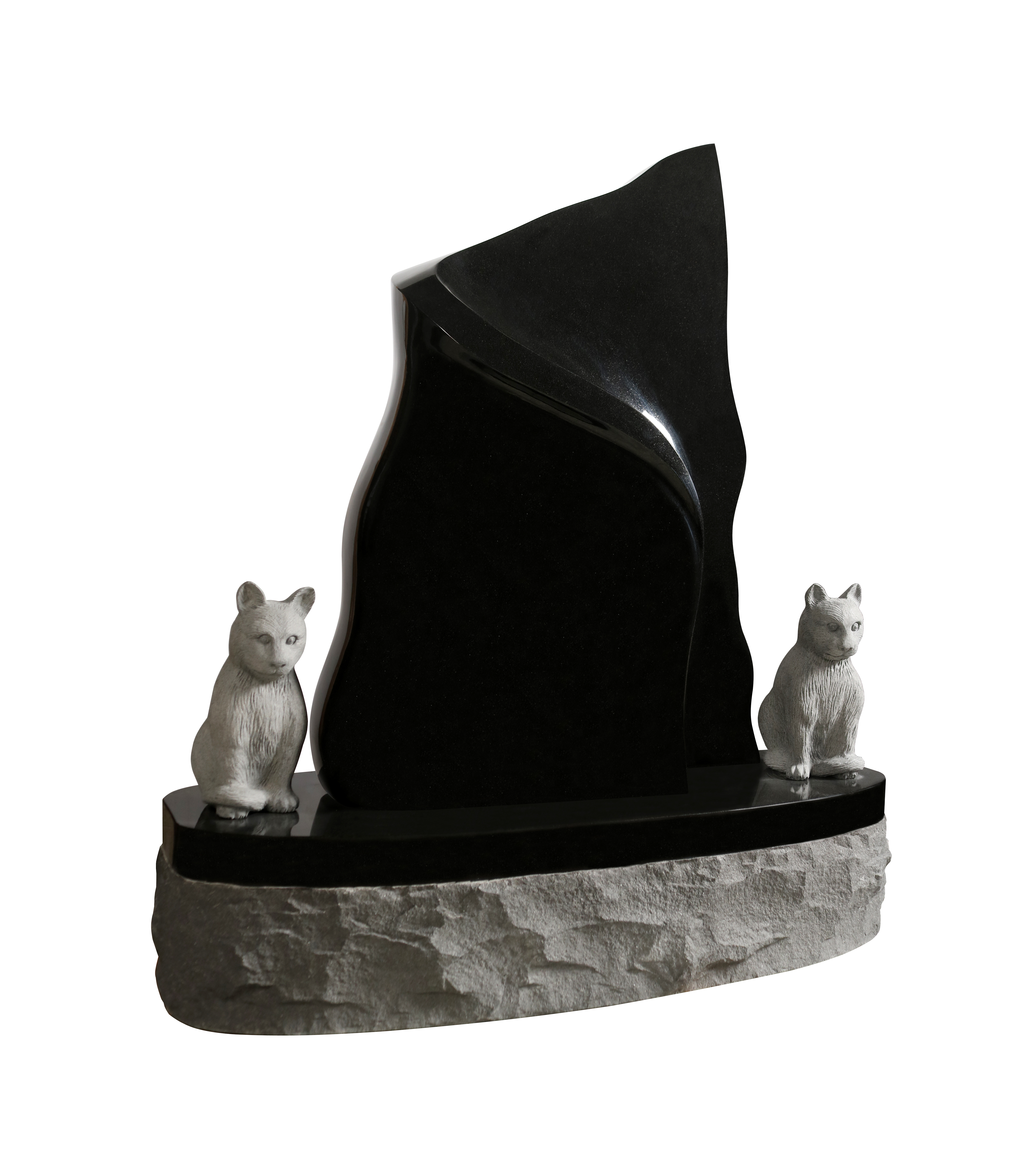 A modern black granite upright monument with a smooth, curved shape. It stands on a polished black base, which then rests on a rough-cut gray stone foundation. Two detailed gray cat sculptures sit on either side of the monument, looking forward.