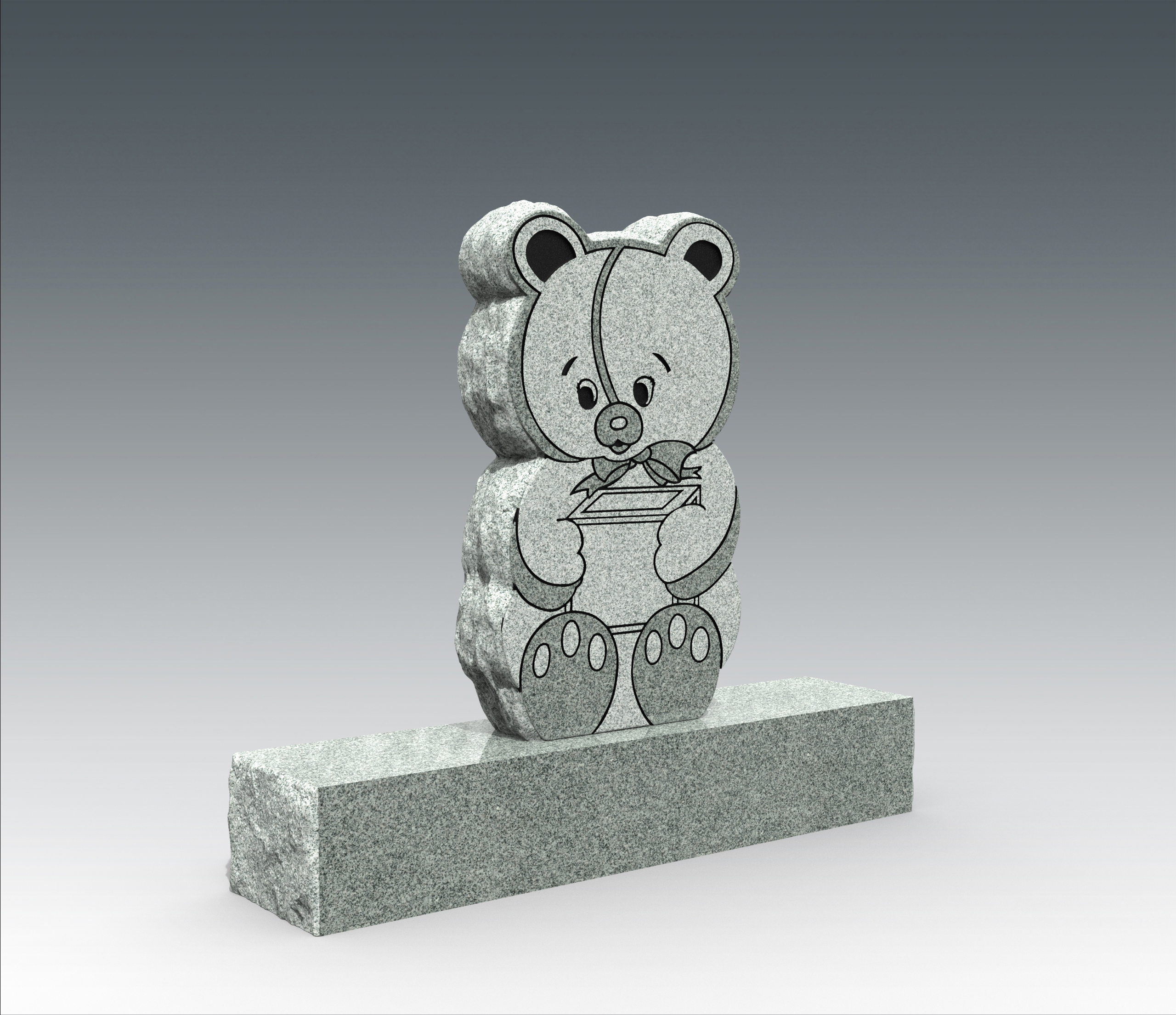 A detailed engraving design of a classic teddy bear holding a blank plaque, ideal for children's memorials. The art has defined lines and a gentle expression.