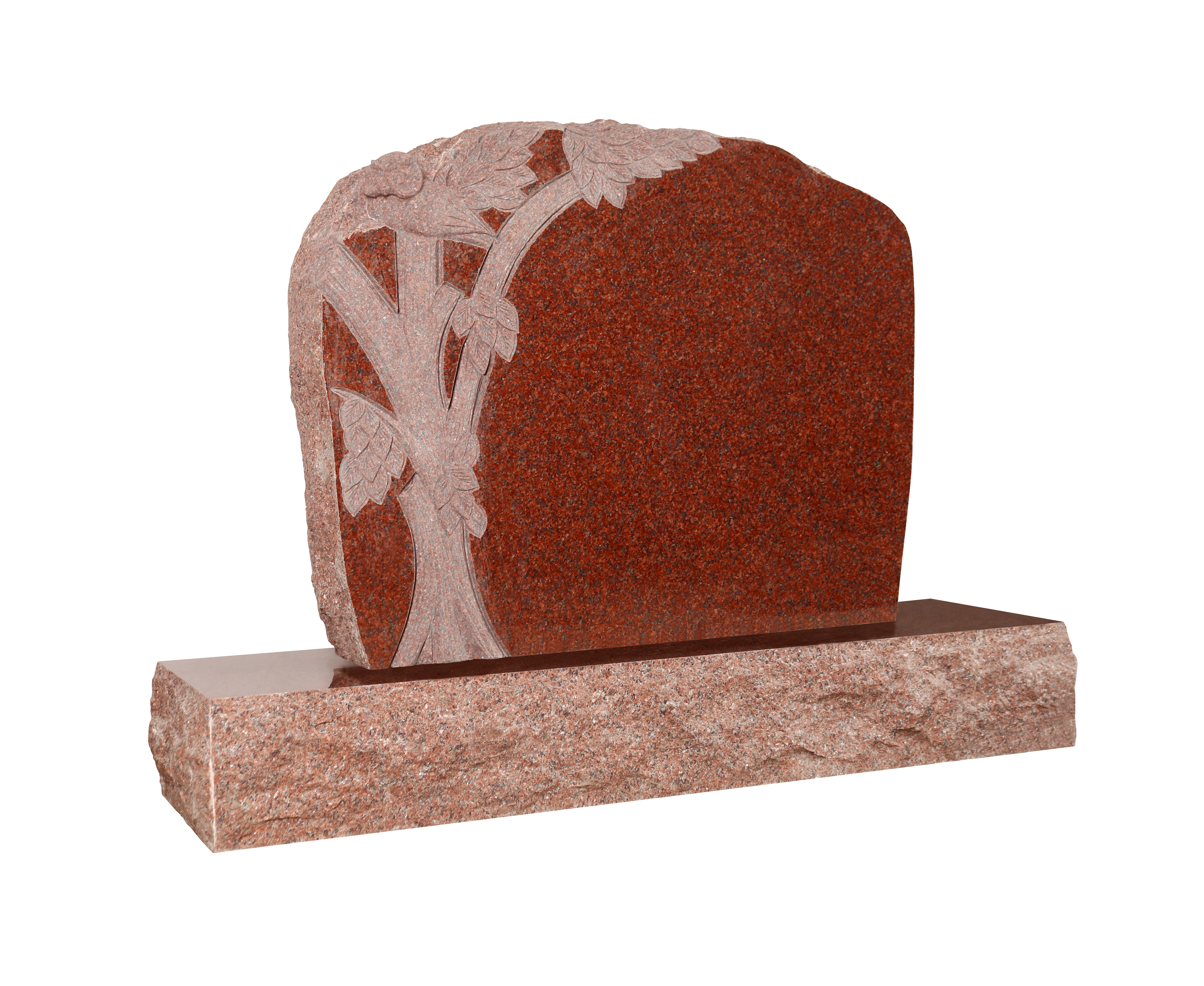 A detailed tree of life engraving on a red granite memorial, featuring intricate branches, leaves, and two small birds. The design is deeply carved, creating a beautiful contrast against the polished stone for a lasting tribute.