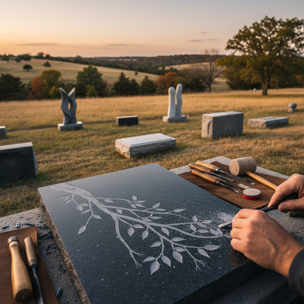 Custom-engraved granite memorial in a peaceful landscape, symbolizing lasting remembrance and craftsmanship.