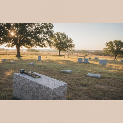Elegant granite monument with finely carved details, set against a peaceful landscape.