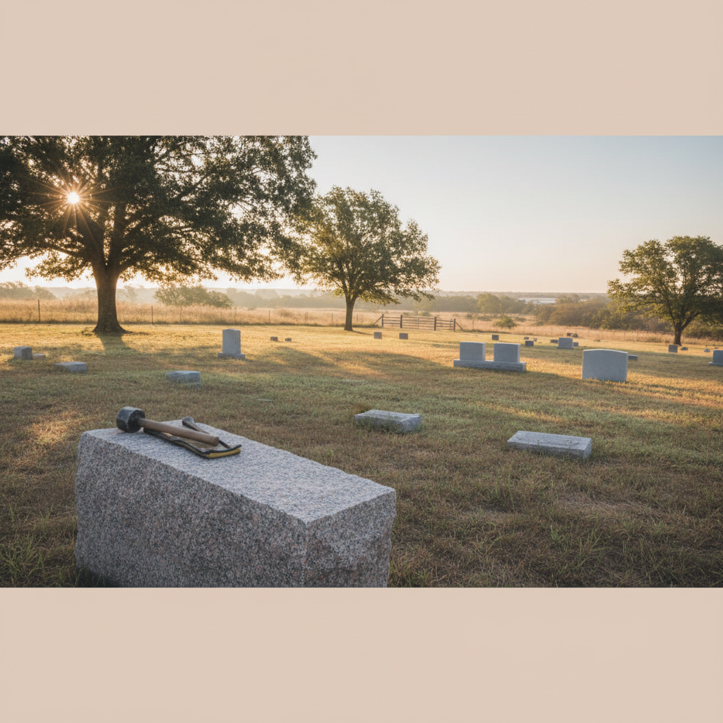 Elegant granite monument with finely carved details, set against a peaceful landscape.