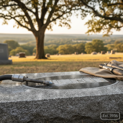 Skilled craftsman engraving a memorial with final dates, ensuring a lasting tribute.
