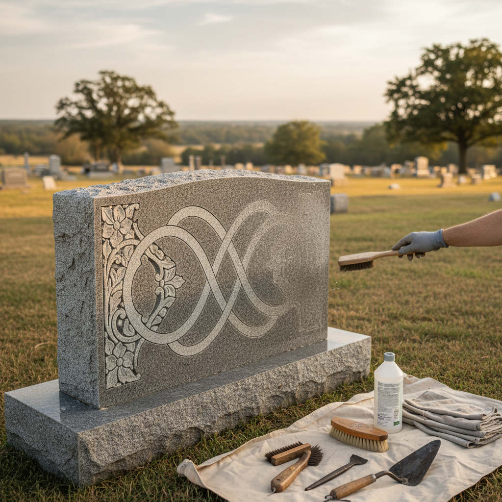 Expert craftsmanship meticulously restoring a granite monument in a peaceful cemetery.